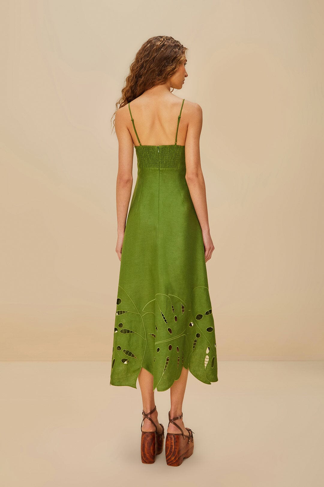 Green Monstera Embroidered Euroflax™ Premium Linen Midi Dress