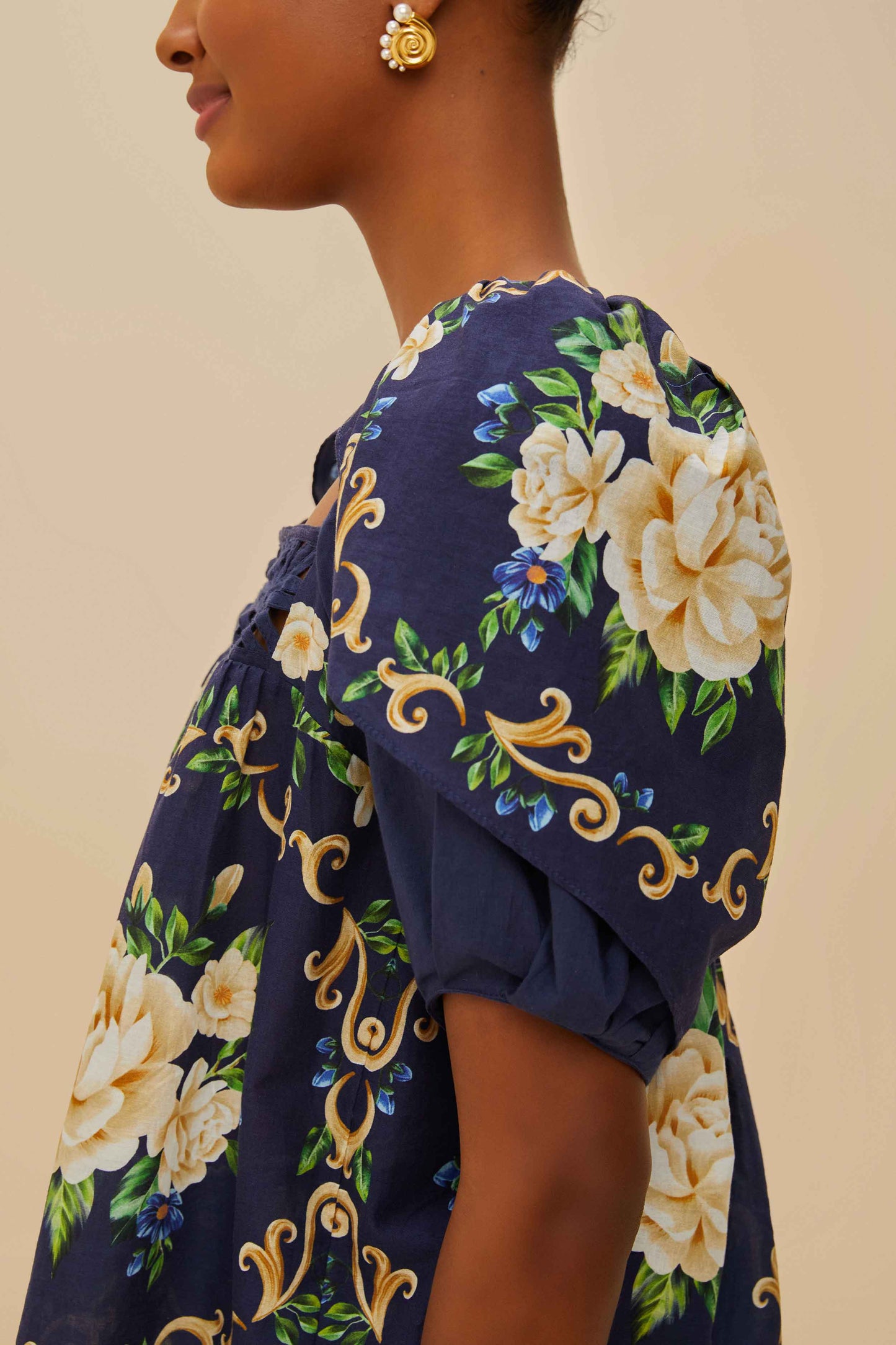Blue Flower Tapestry Yoke Blouse