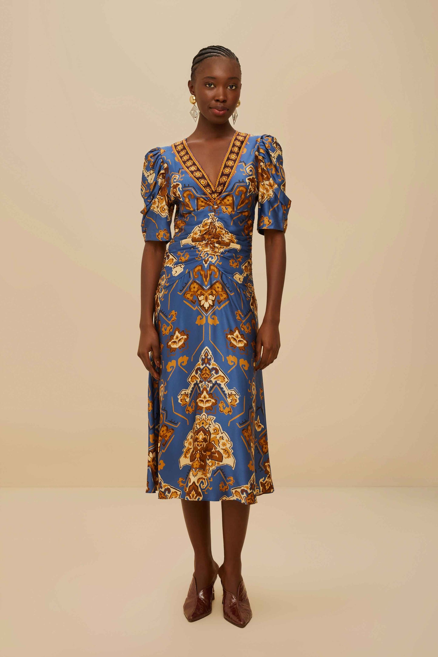 Blue Ornament Floral Midi Dress