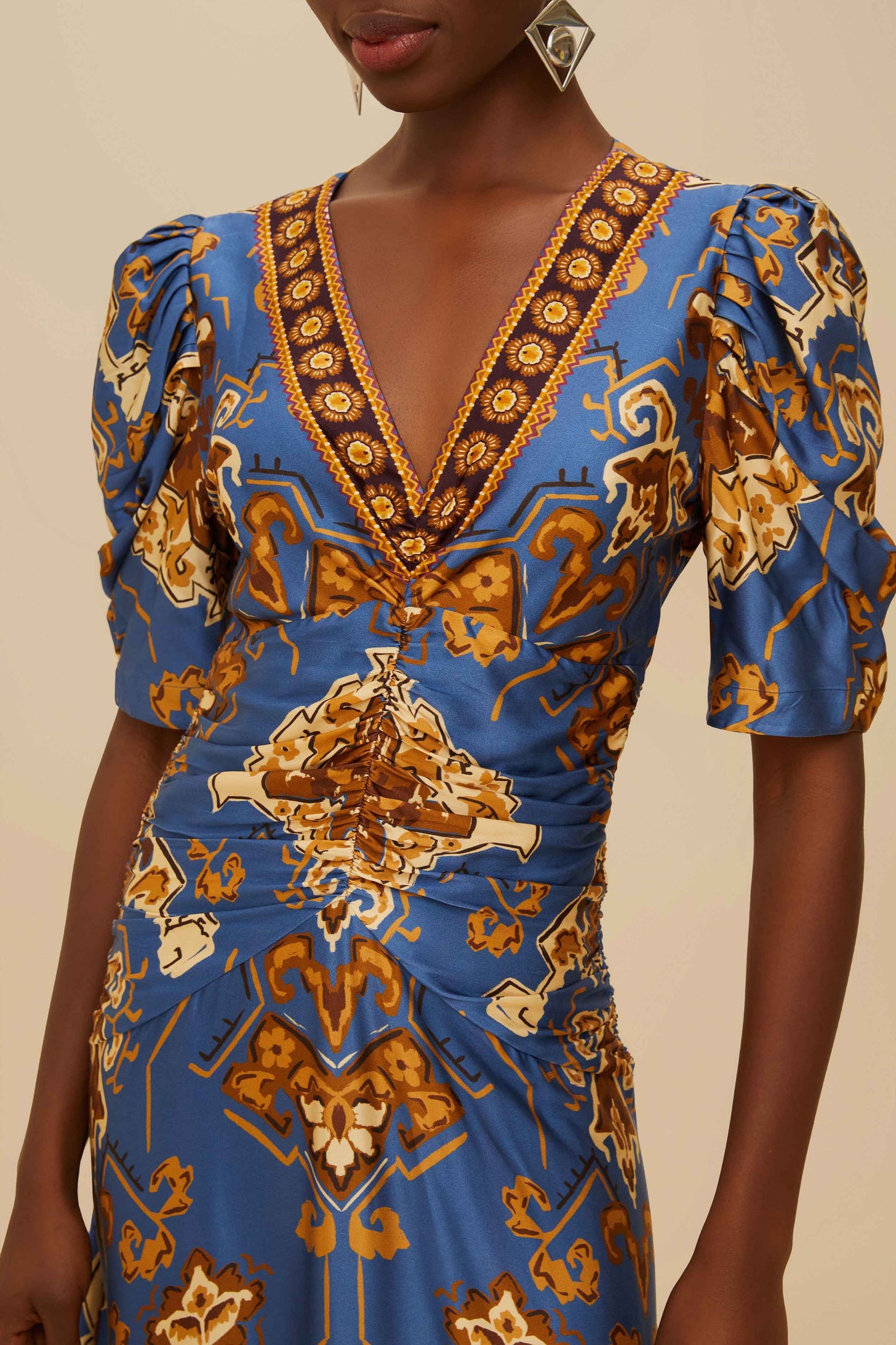 Blue Ornament Floral Midi Dress