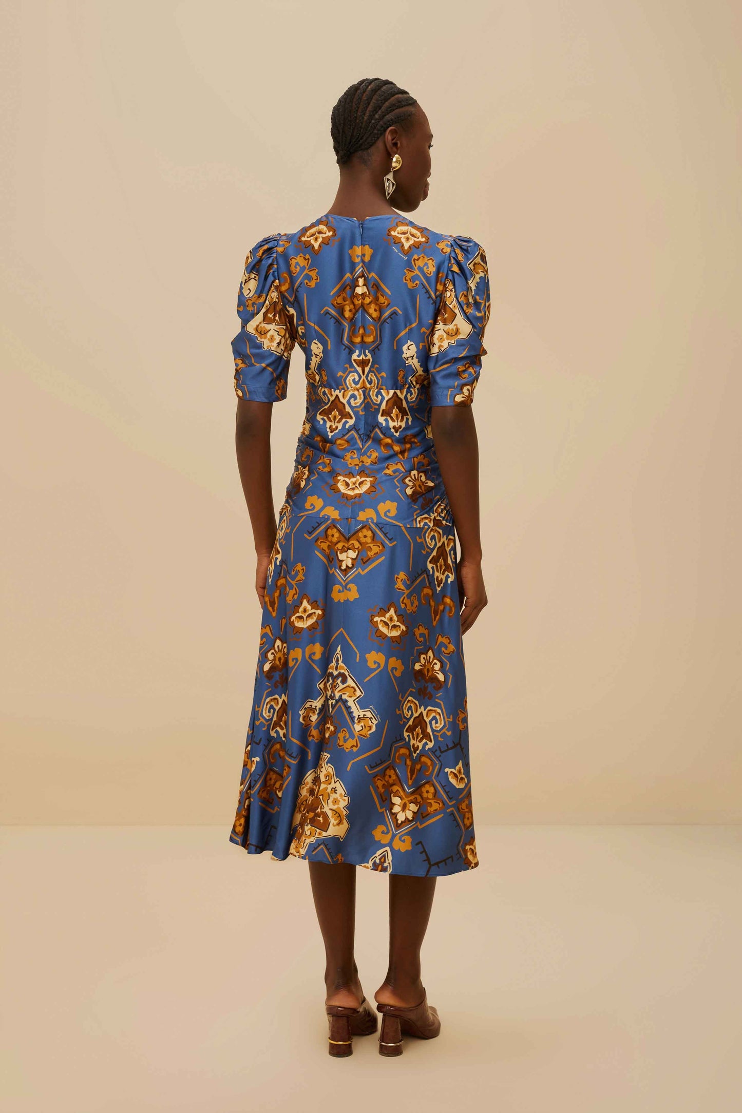 Blue Ornament Floral Midi Dress