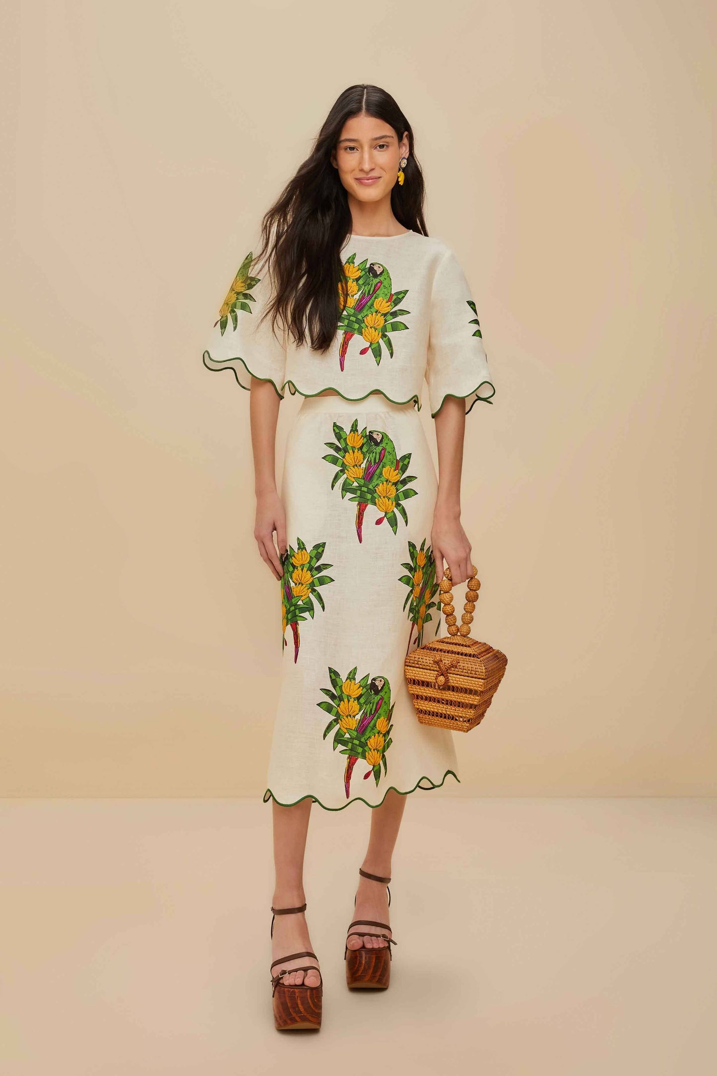 Off-White Maracana Bird Euroflax Premium Linen Midi Skirt