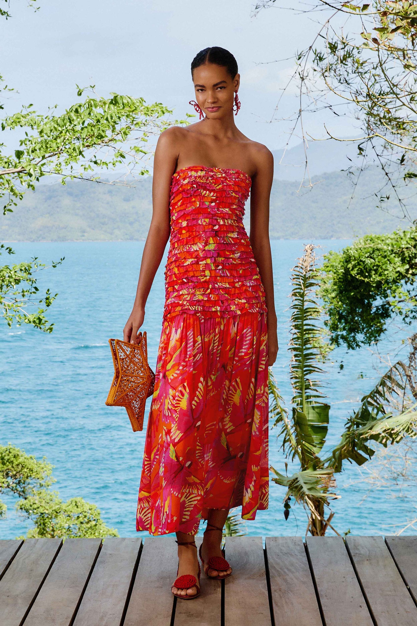 Orange Flying Birds Strapless Midi Dress