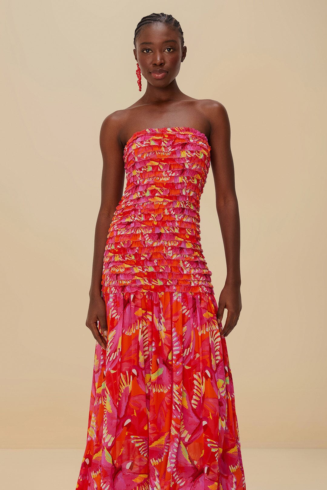 Orange Flying Birds Strapless Midi Dress