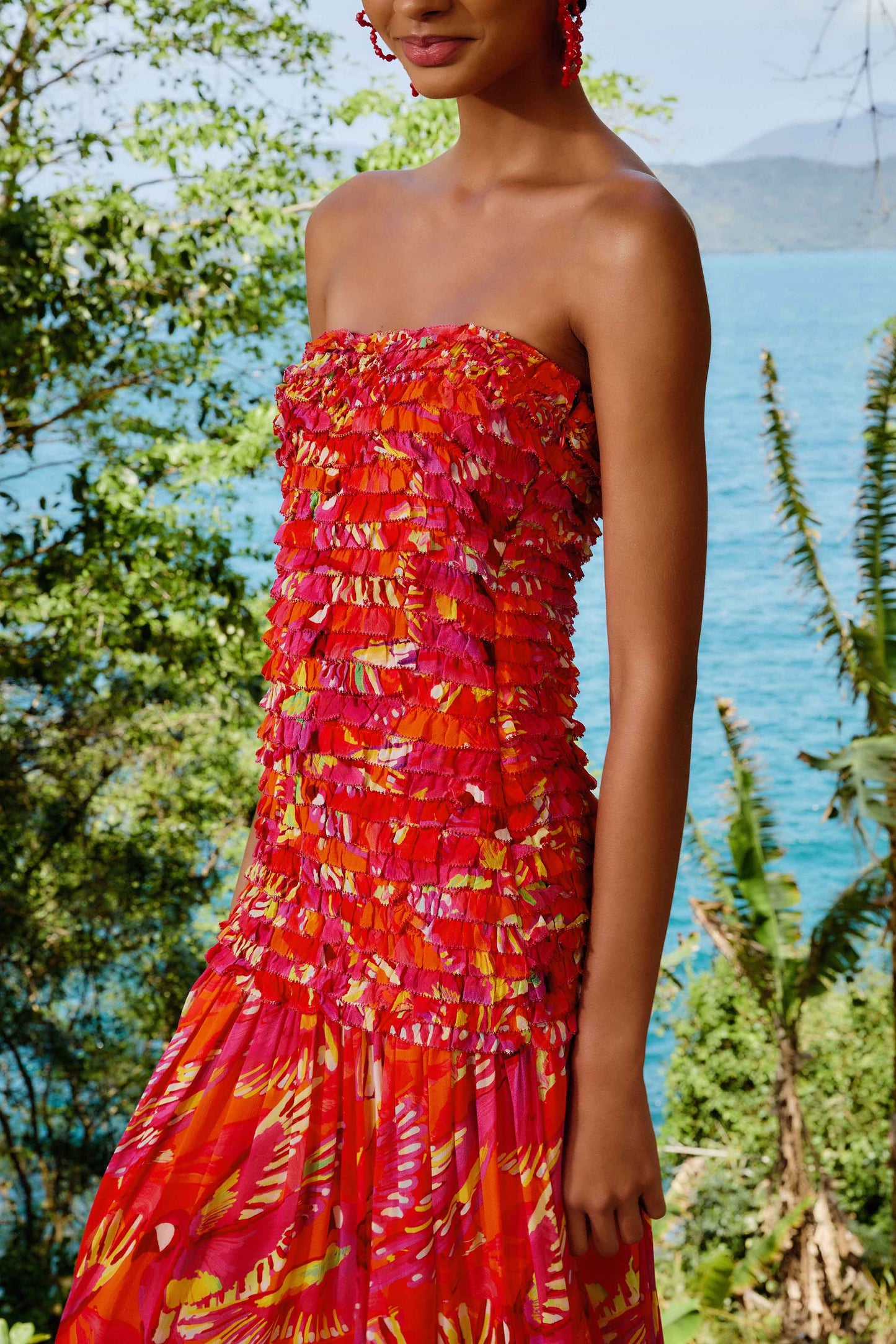 Orange Flying Birds Strapless Midi Dress