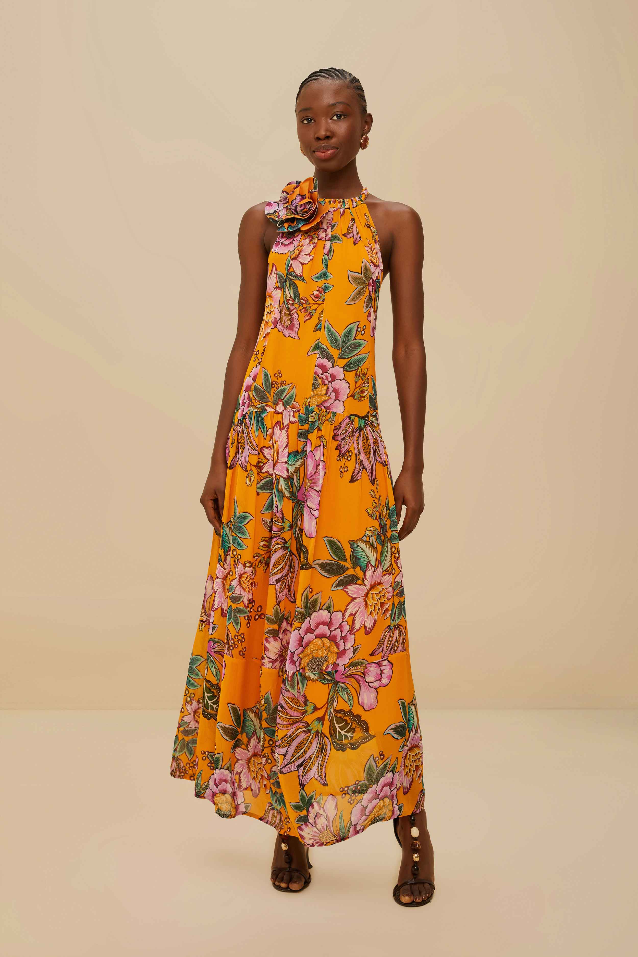 farm rio orange sunset maxi dress Farm Rio Women's Sunset Patchwork Maxi Dress
