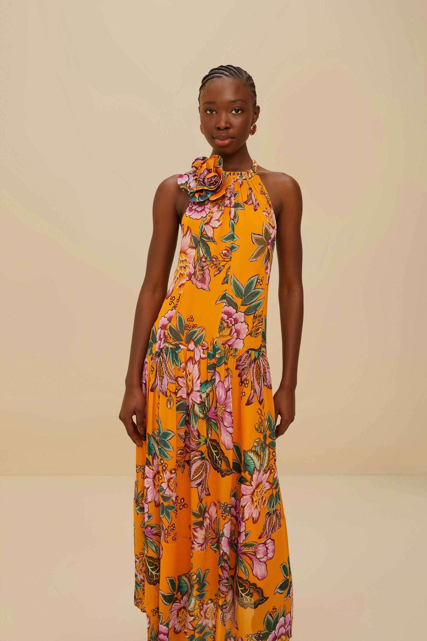 Orange Wonderful Bouquet Maxi Dress
