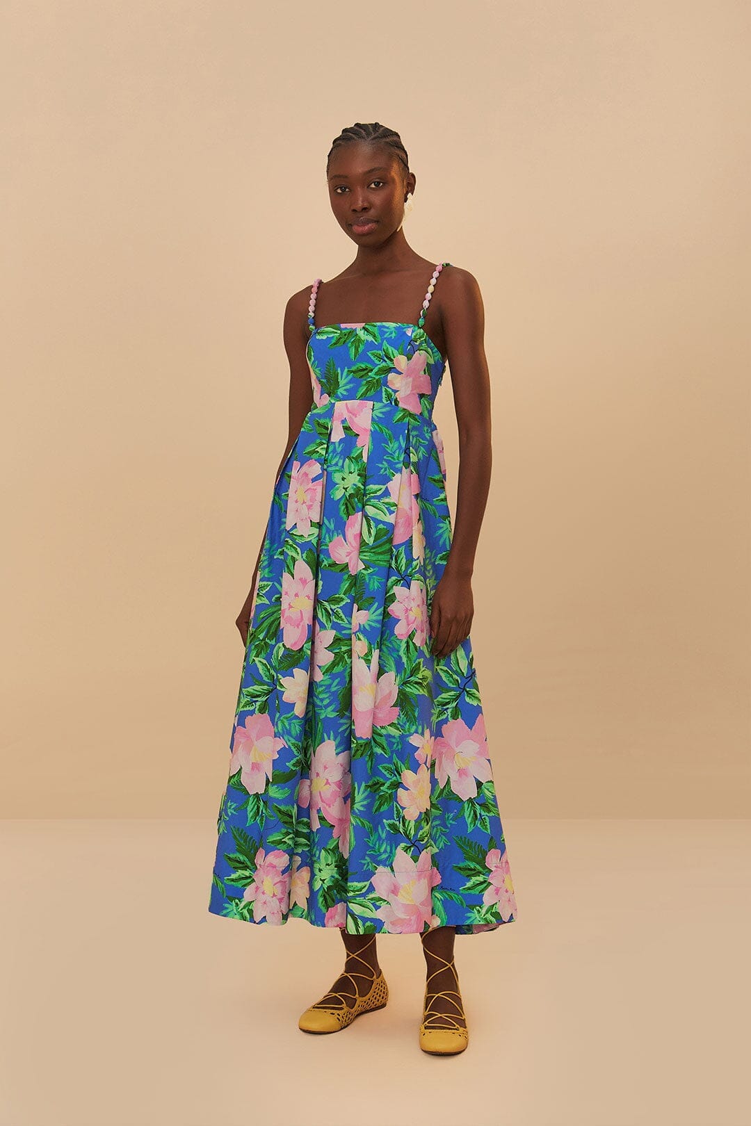 Blue Painted Flowers Organic Cotton Midi Dress