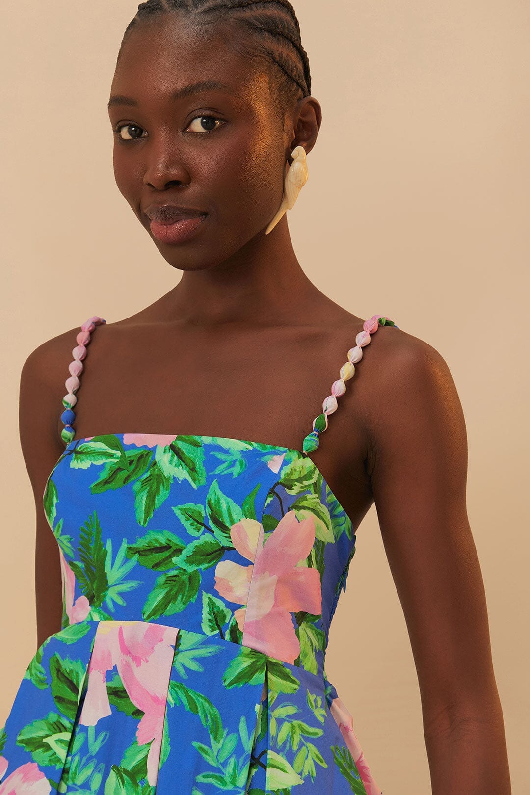 Blue Painted Flowers Organic Cotton Midi Dress