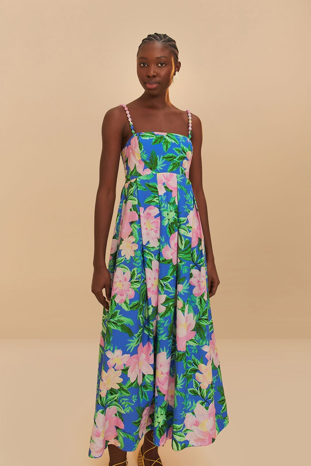 Blue Painted Flowers Organic Cotton Midi Dress