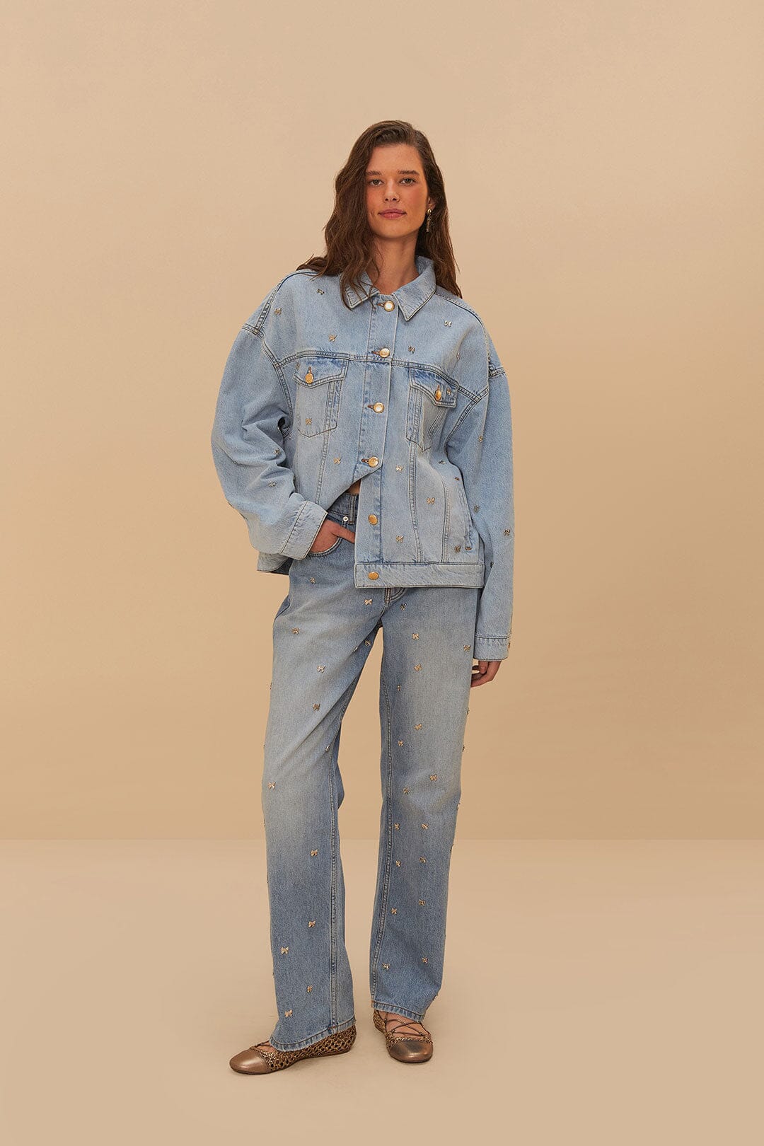 Denim Embroidered Bows Pants