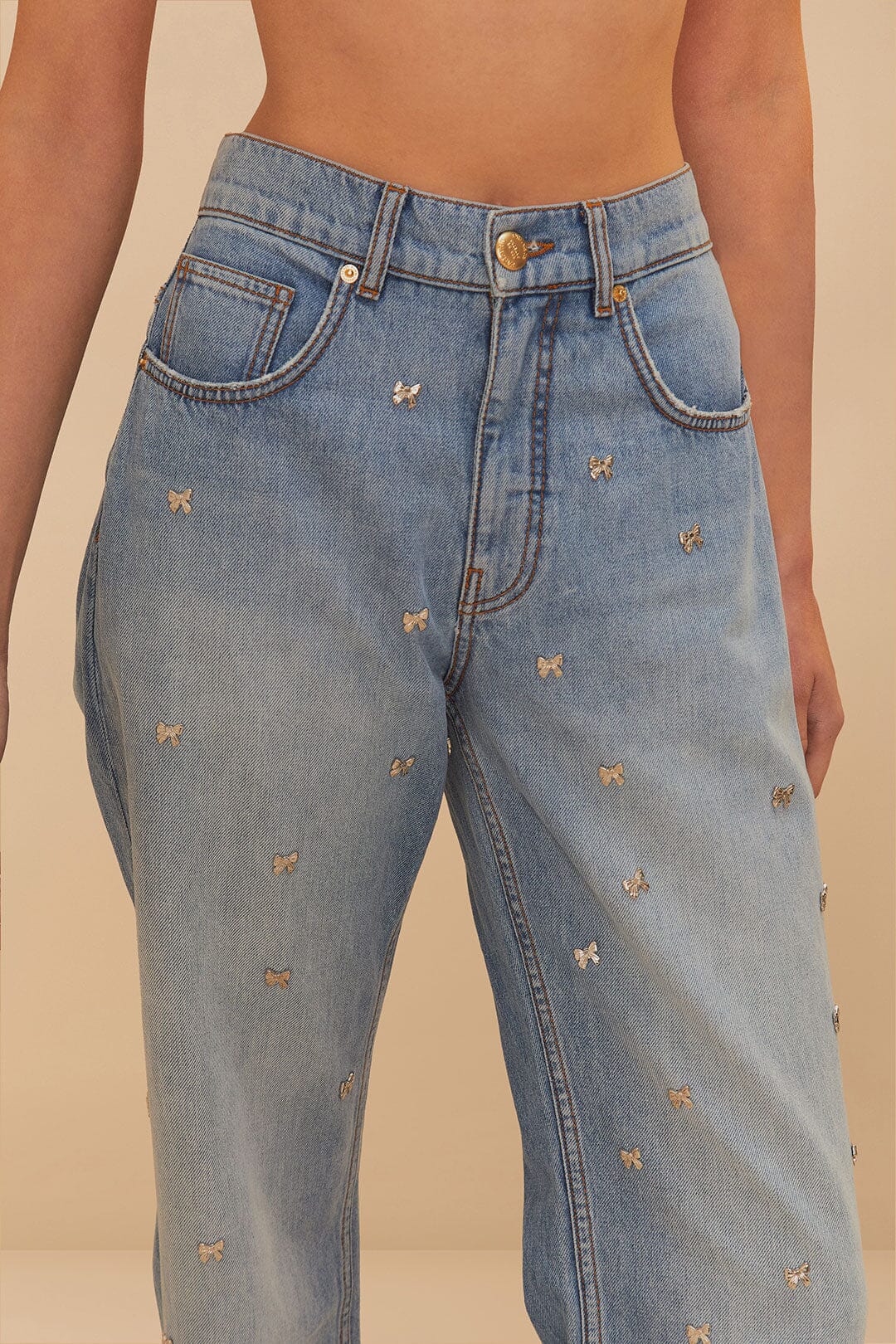 Denim Embroidered Bows Pants