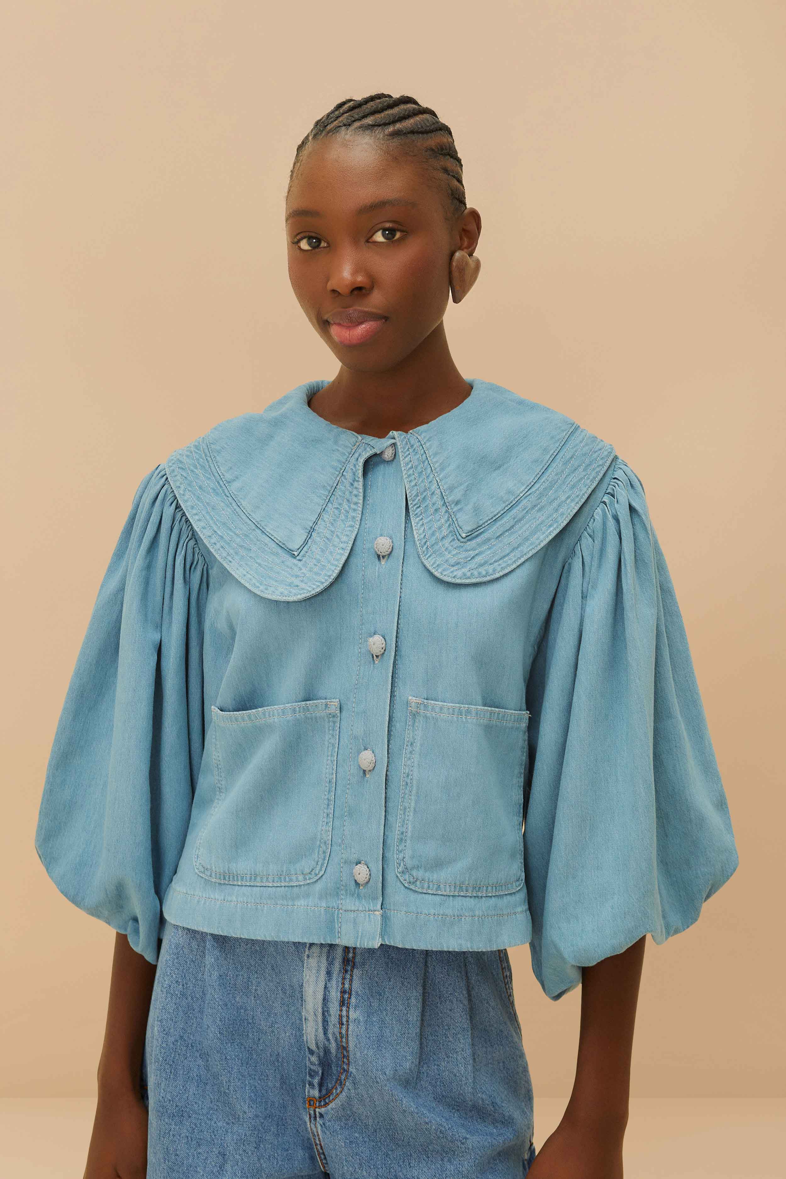 Denim Notched Lapel Shirt – FARM Rio - Main Image