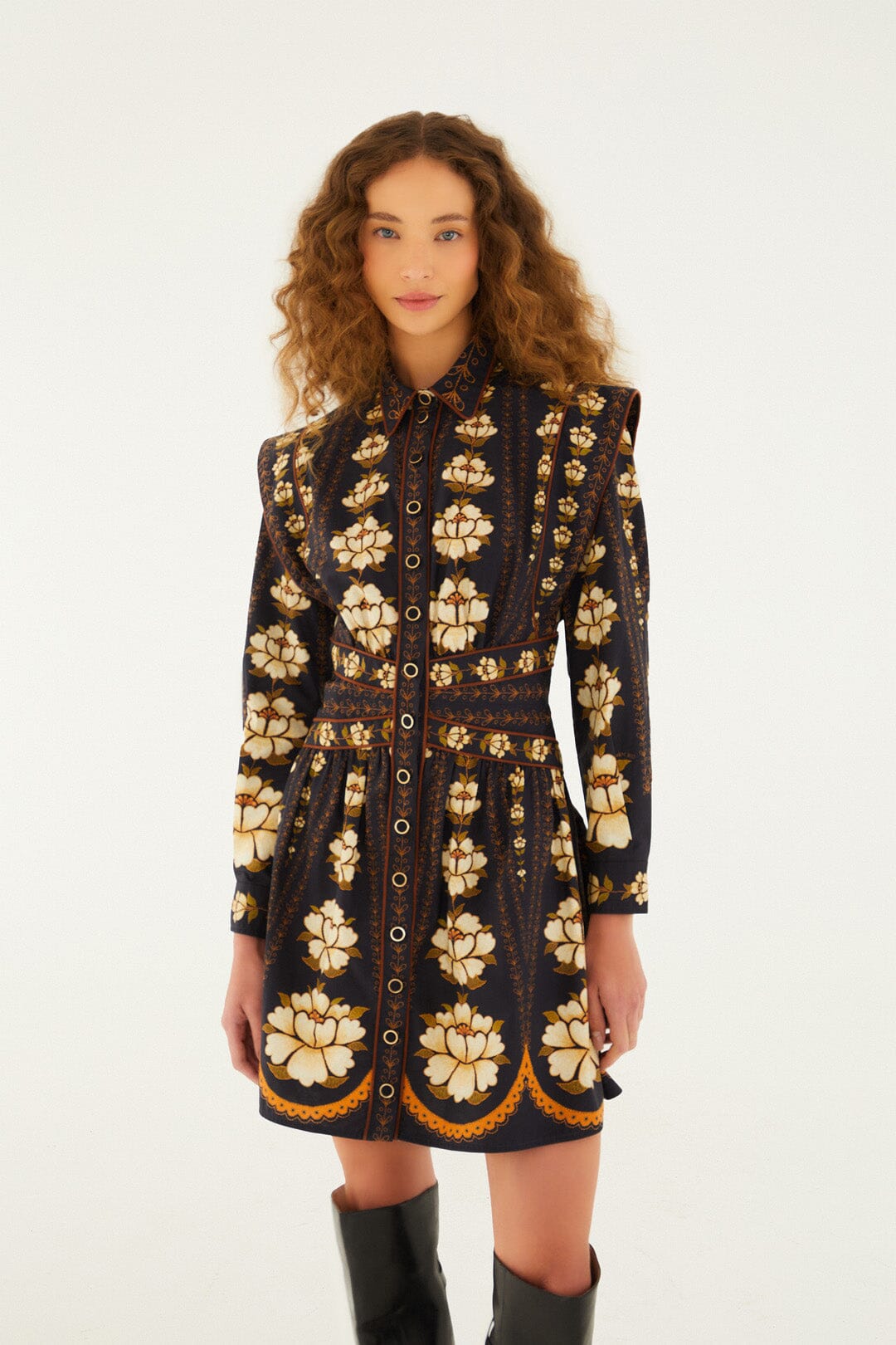 Black Embroidered Flowers Long Sleeve Organic Cotton Mini Dress