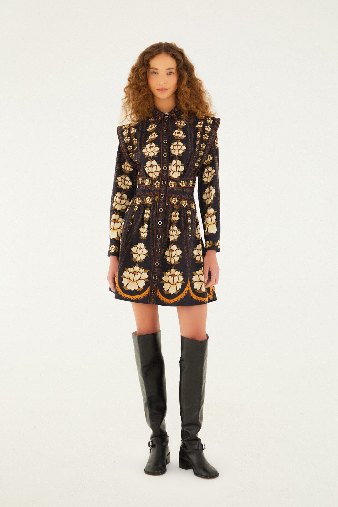 Black Embroidered Flowers Long Sleeve Organic Cotton Mini Dress