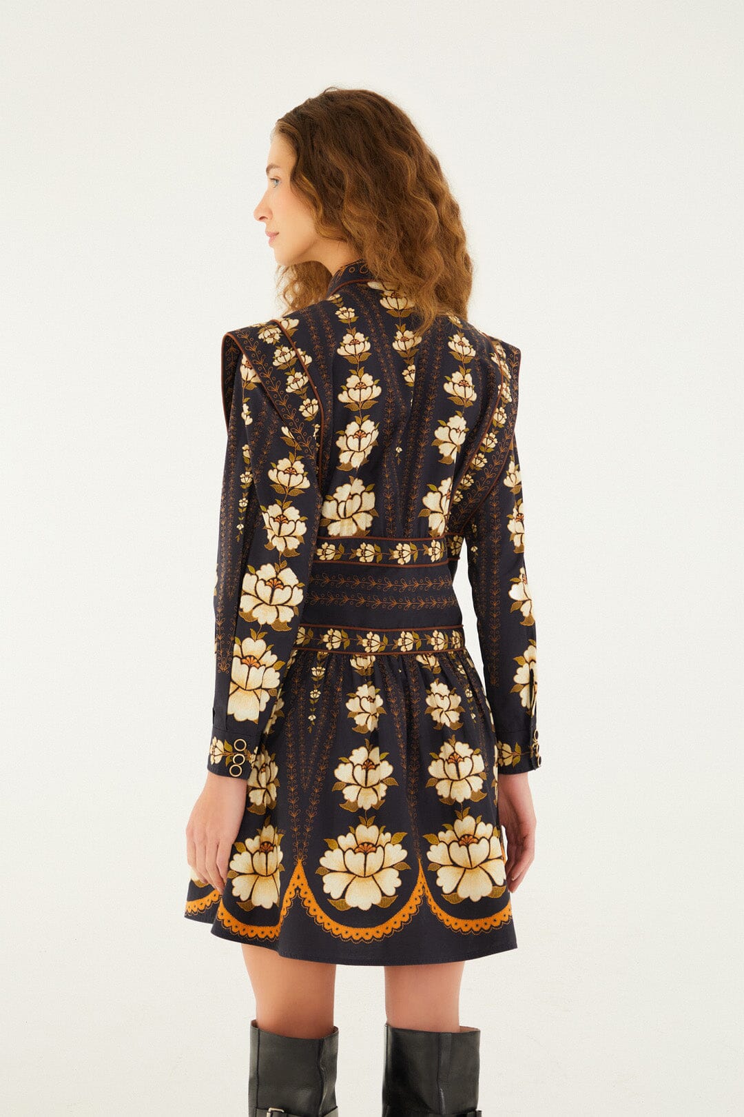 Black Embroidered Flowers Long Sleeve Organic Cotton Mini Dress