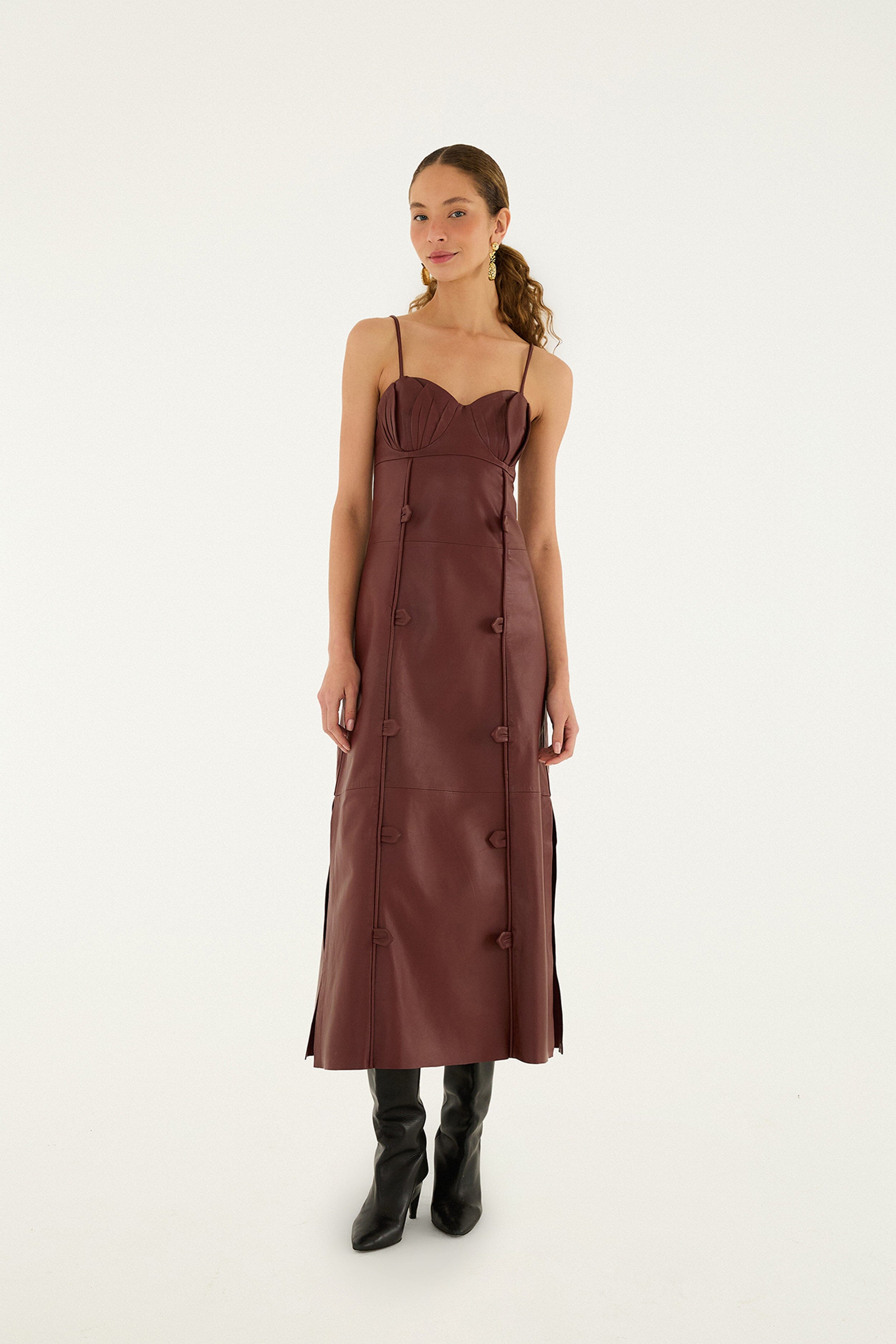 Burgundy 3d Flower Side Slit Leather Midi Dress | FARM Rio Burgundy 3d Flower Side Slit Leather Midi Dress | FARM Rio