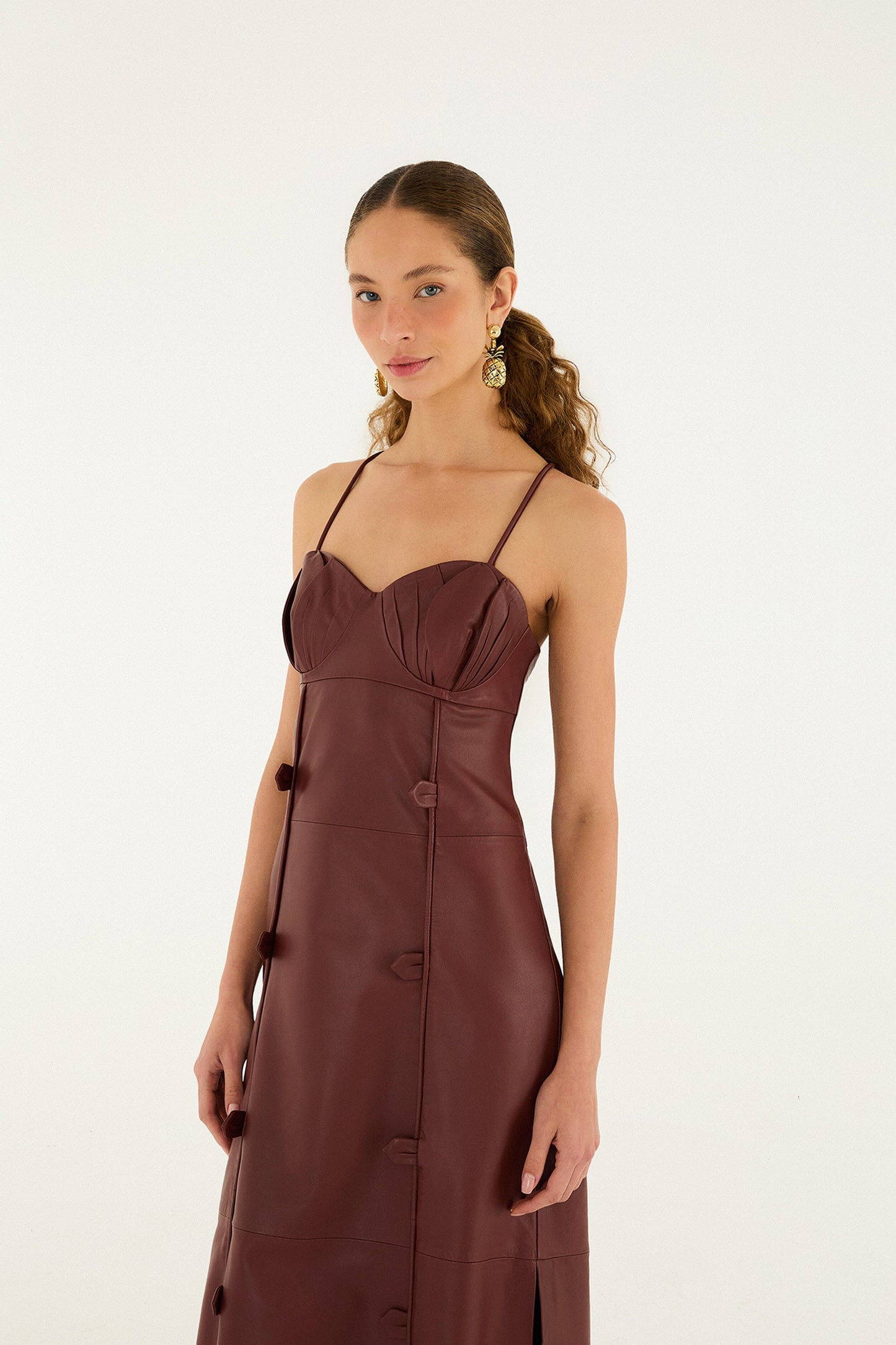 Burgundy 3d Flower Side Slit Leather Midi Dress