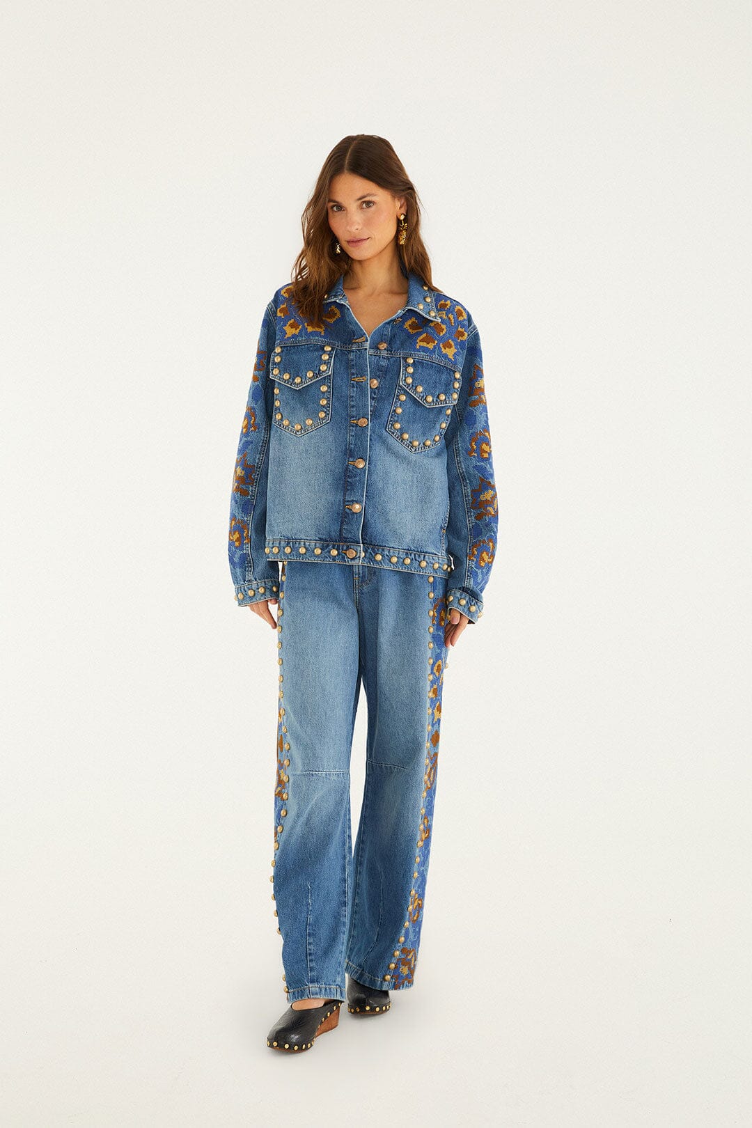 Denim Metal Details Embroidered Jacket