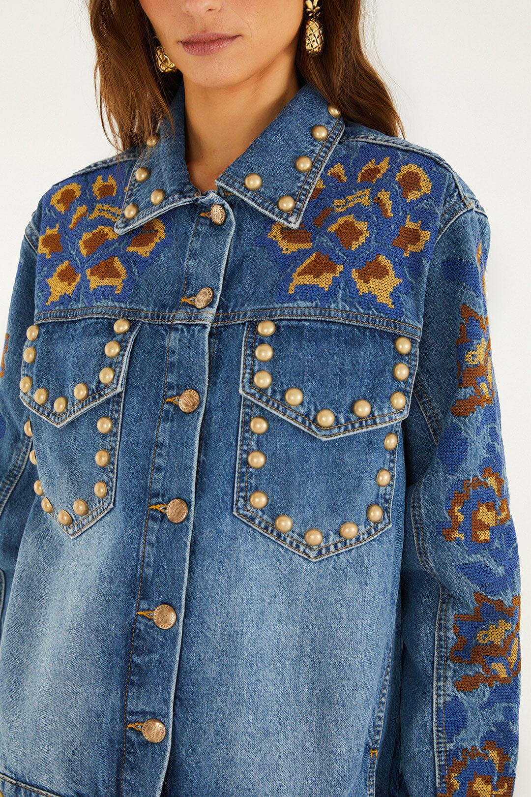 Denim Metal Details Embroidered Jacket