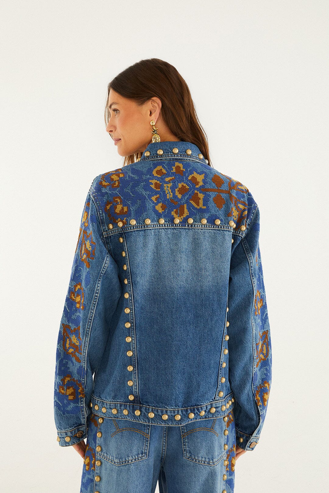 Denim Metal Details Embroidered Jacket