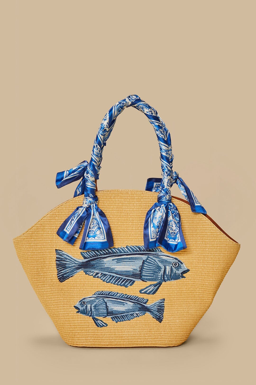 Blue Garden Tiles Raffia Shell Tote