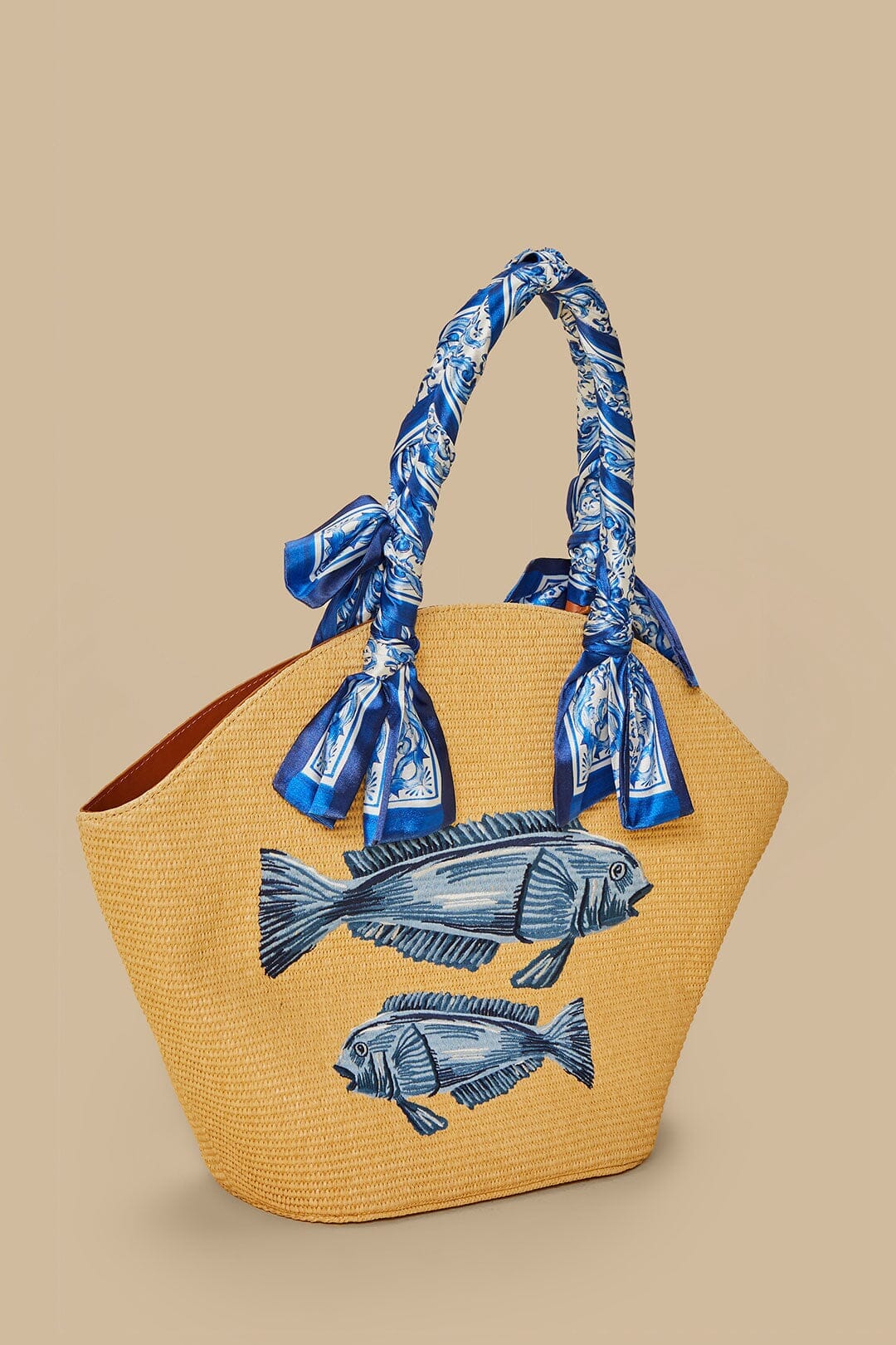 Blue Garden Tiles Raffia Shell Tote