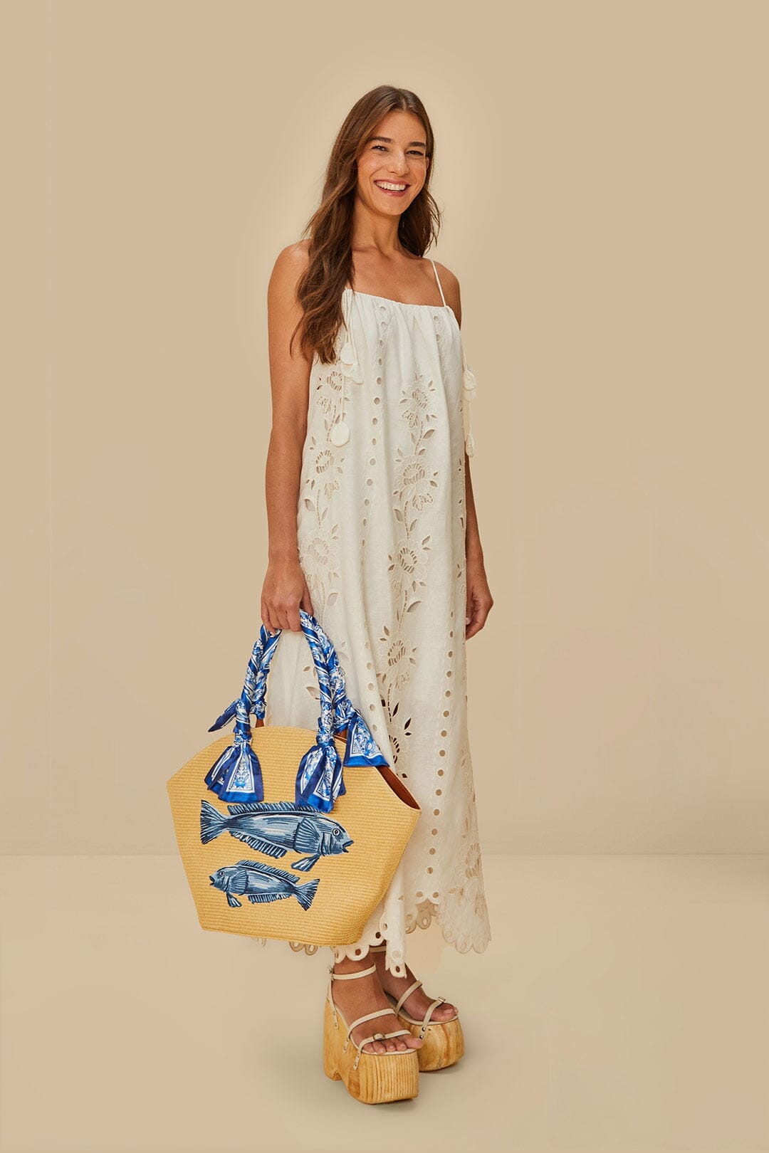 Blue Garden Tiles Raffia Shell Tote
