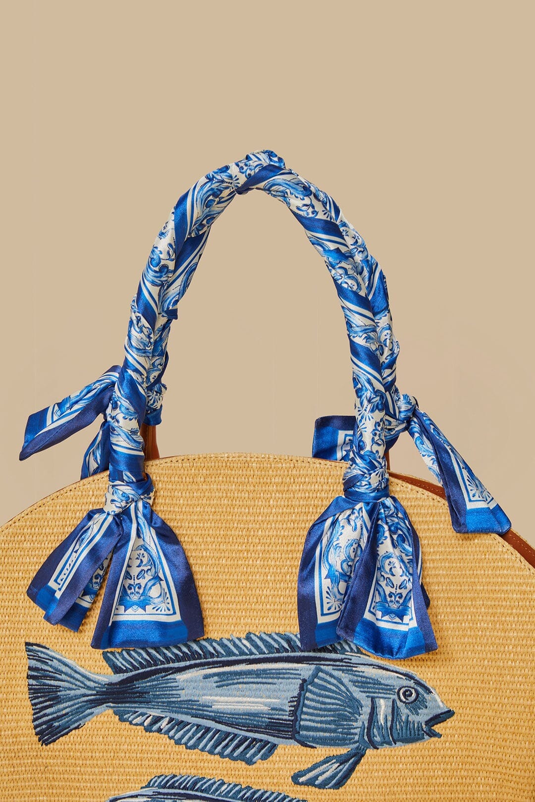 Blue Garden Tiles Raffia Shell Tote