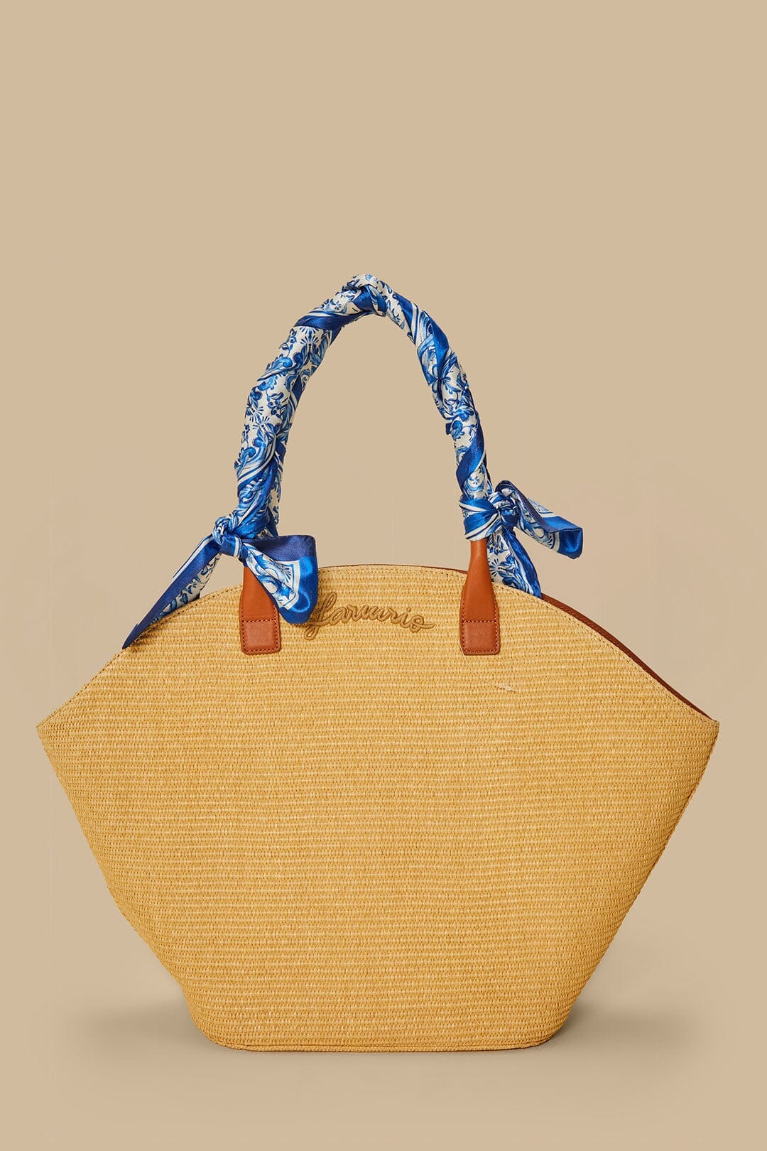 Blue Garden Tiles Raffia Shell Tote
