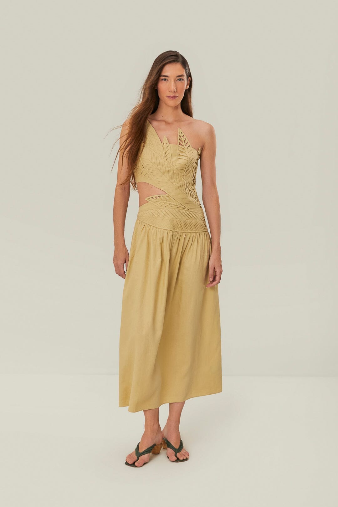 Sand 3D Leaves Bodice Midi Dress