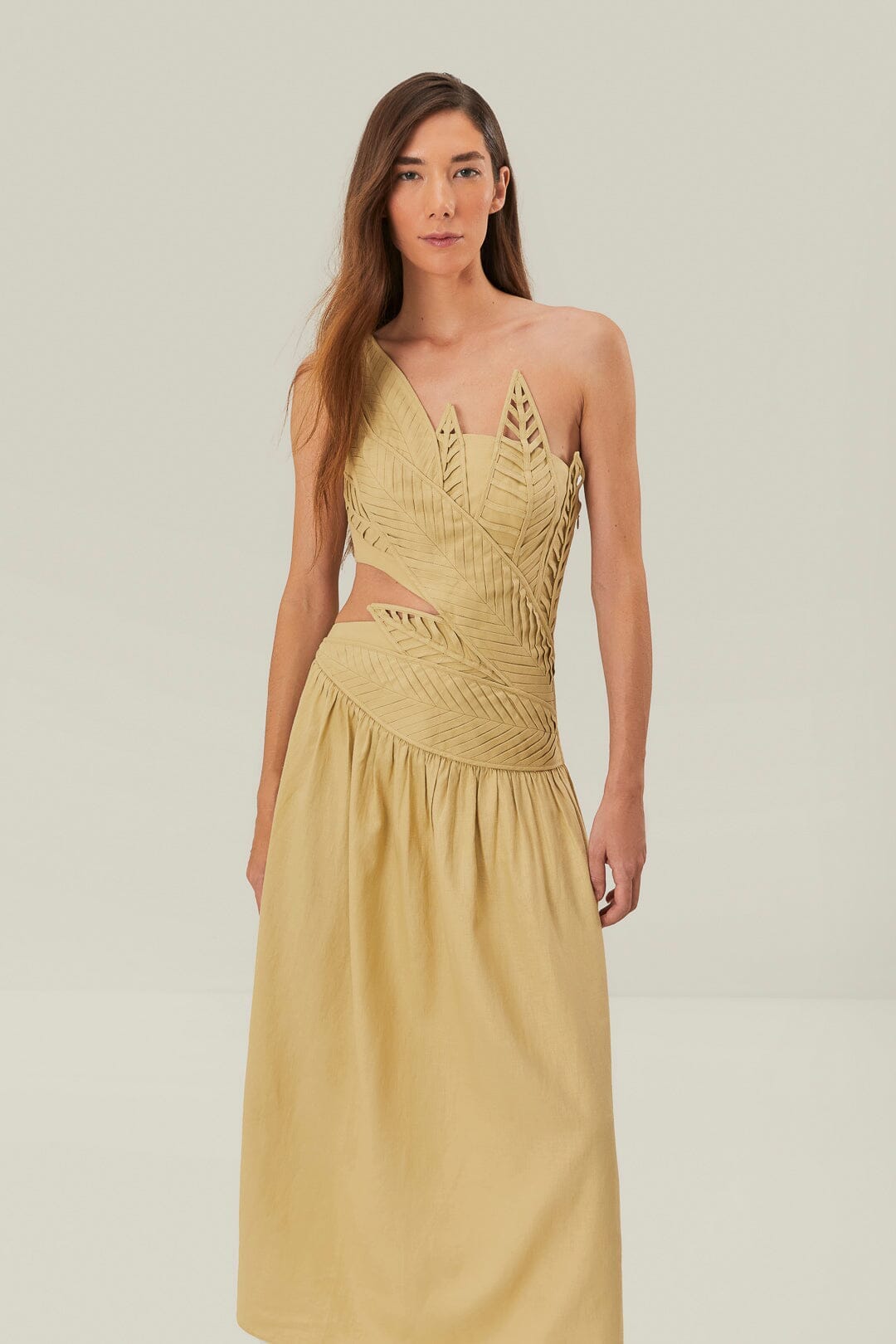 Sand 3D Leaves Bodice Midi Dress