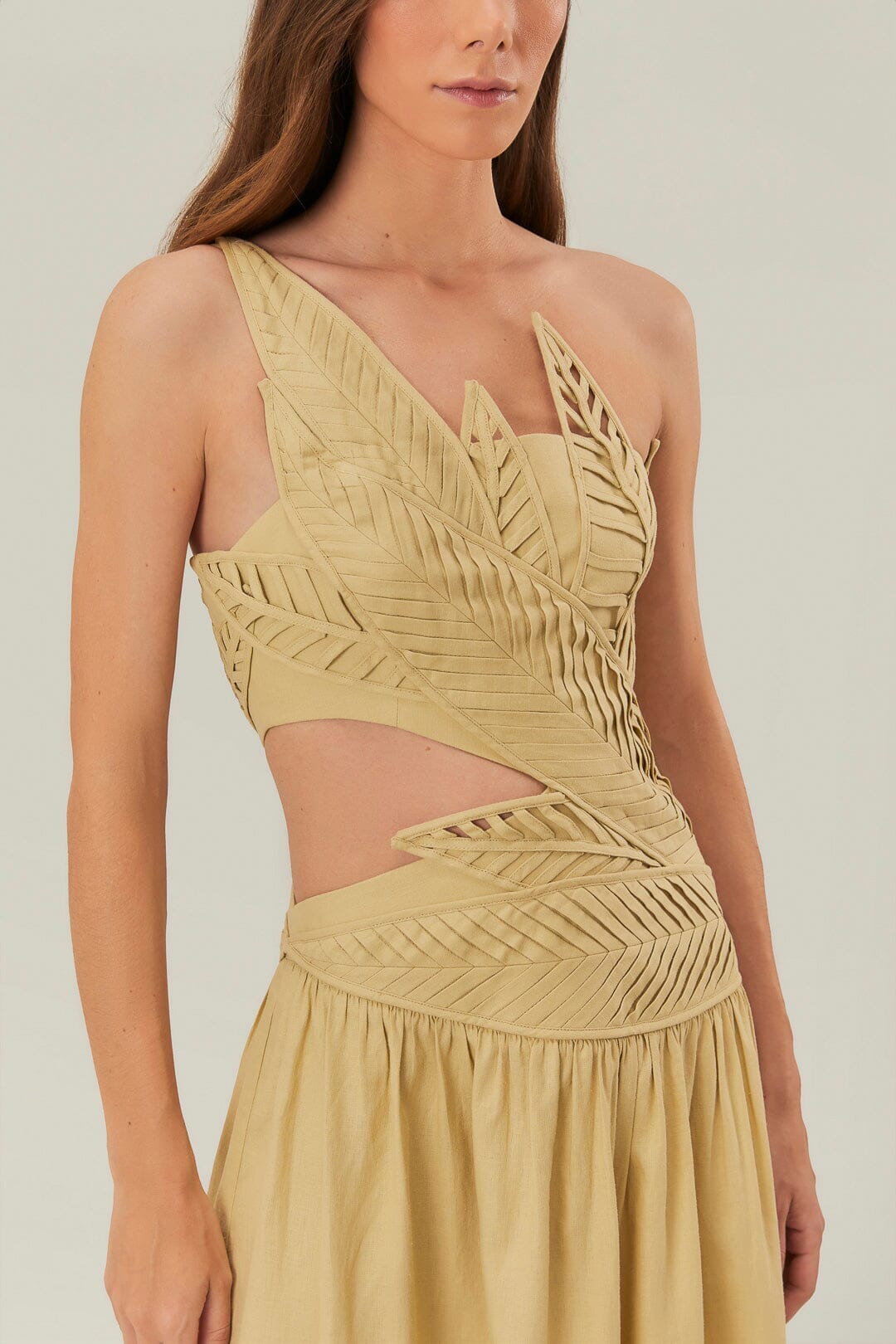 Sand 3D Leaves Bodice Midi Dress
