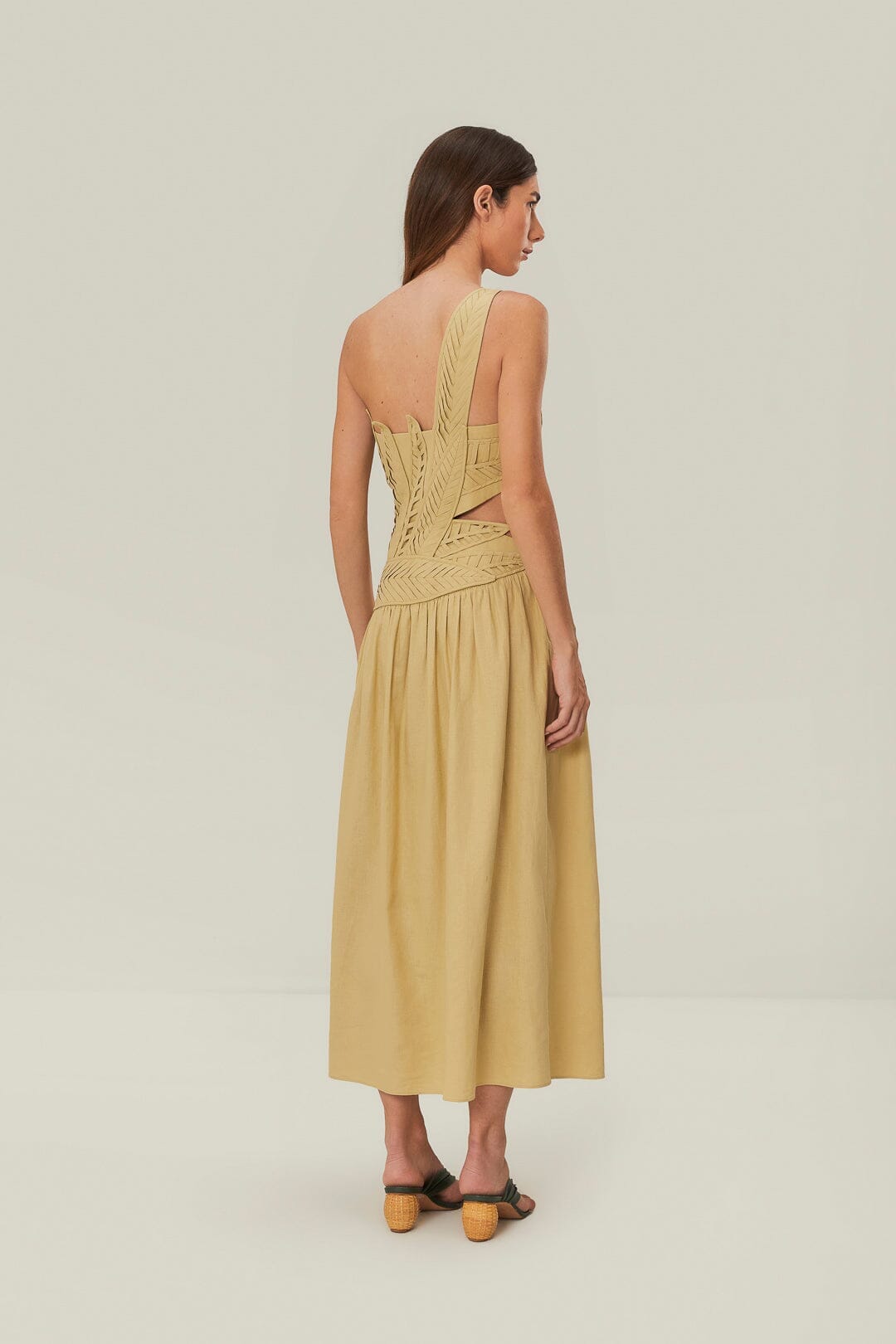 Sand 3D Leaves Bodice Midi Dress