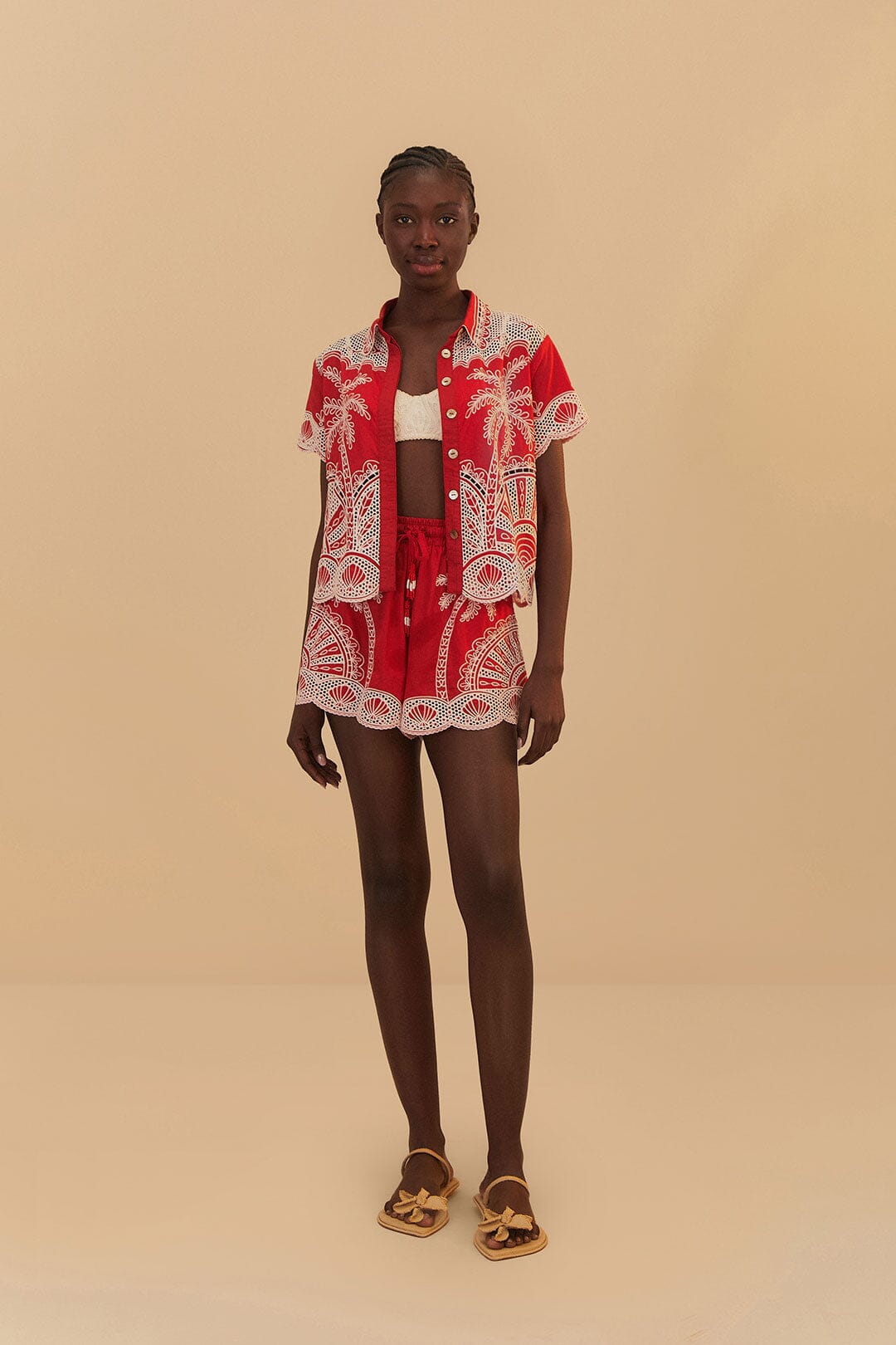 Red Palm Trees Embroidered Organic Cotton Short