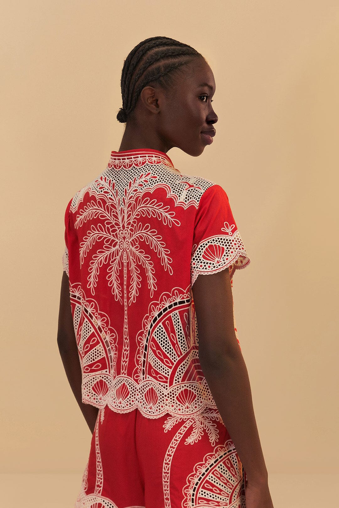 Red Palm Trees Embroidered Organic Cotton Short