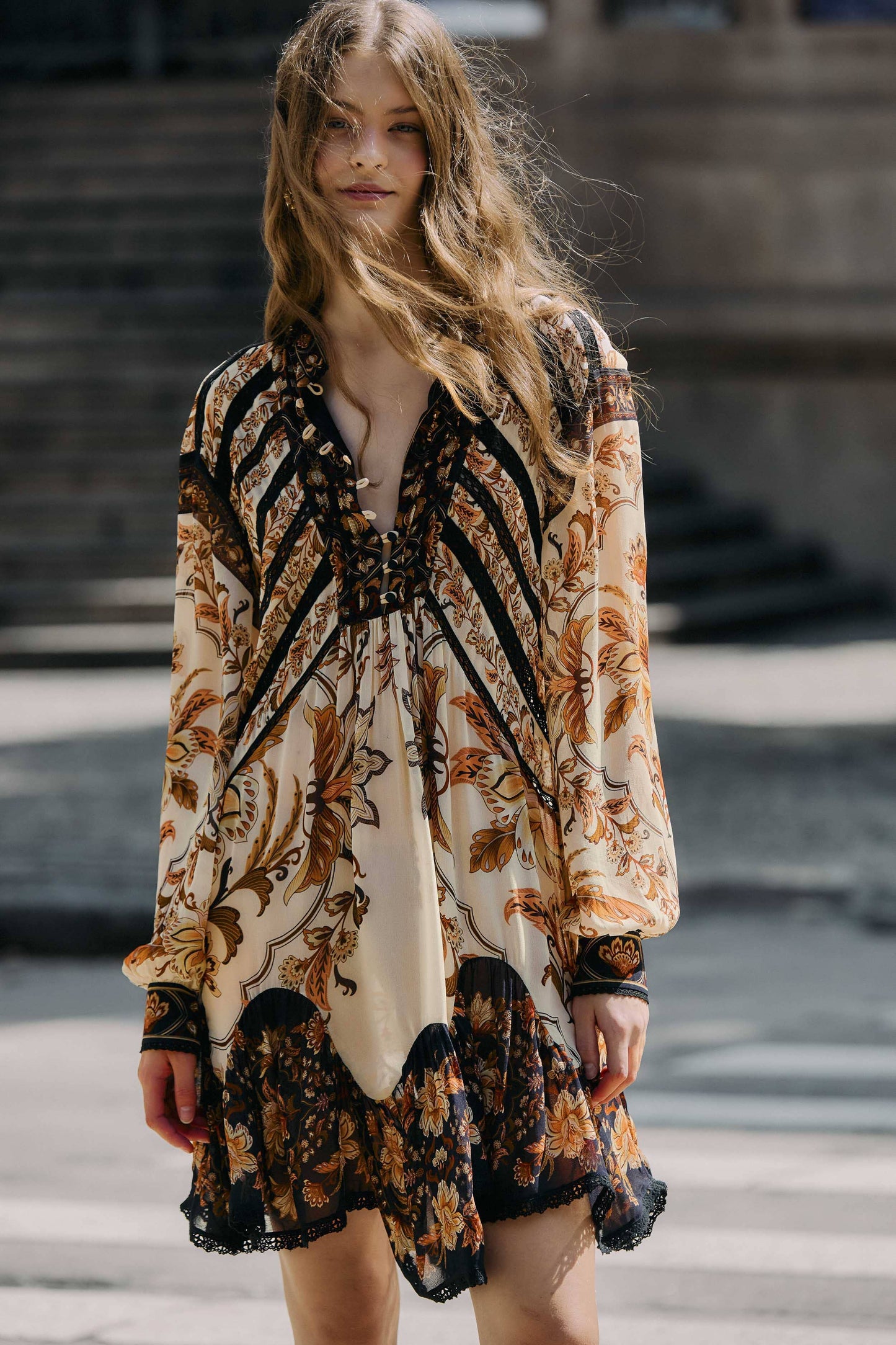 Sand Majestic Garden Lace Long Sleeve Mini Dress