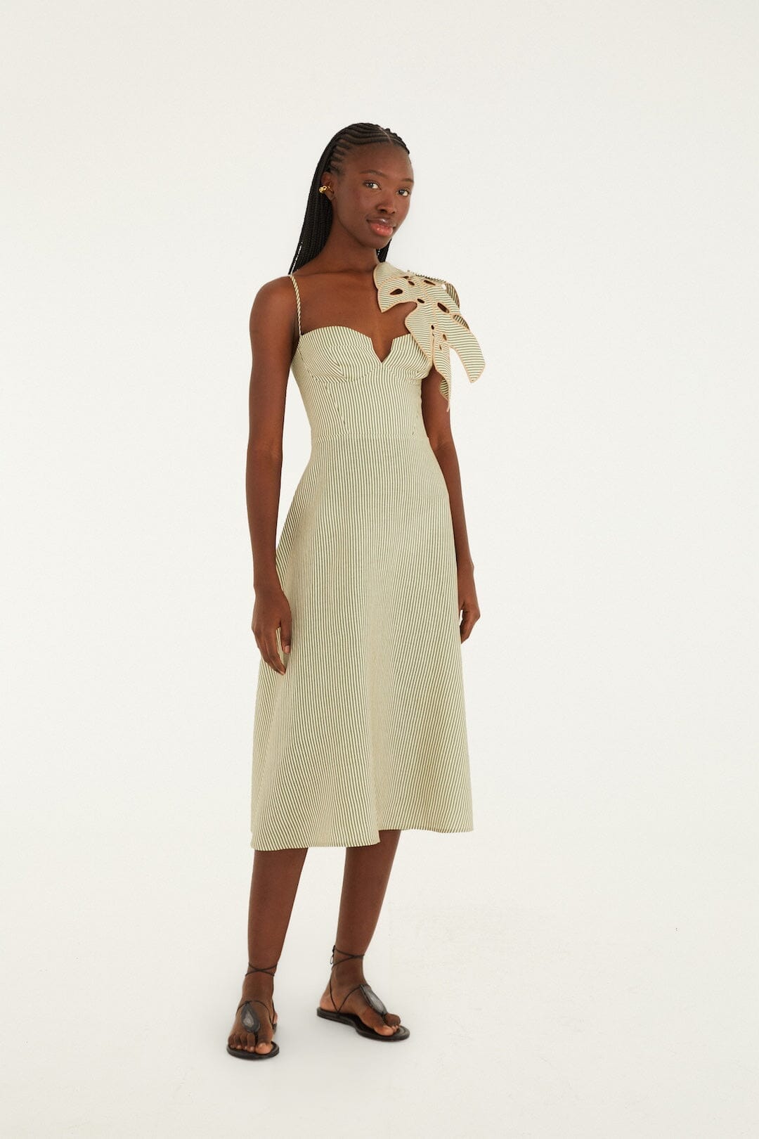 Green Striped 3d Monstera Leaf Euroflax  Premium Linen Midi Dress