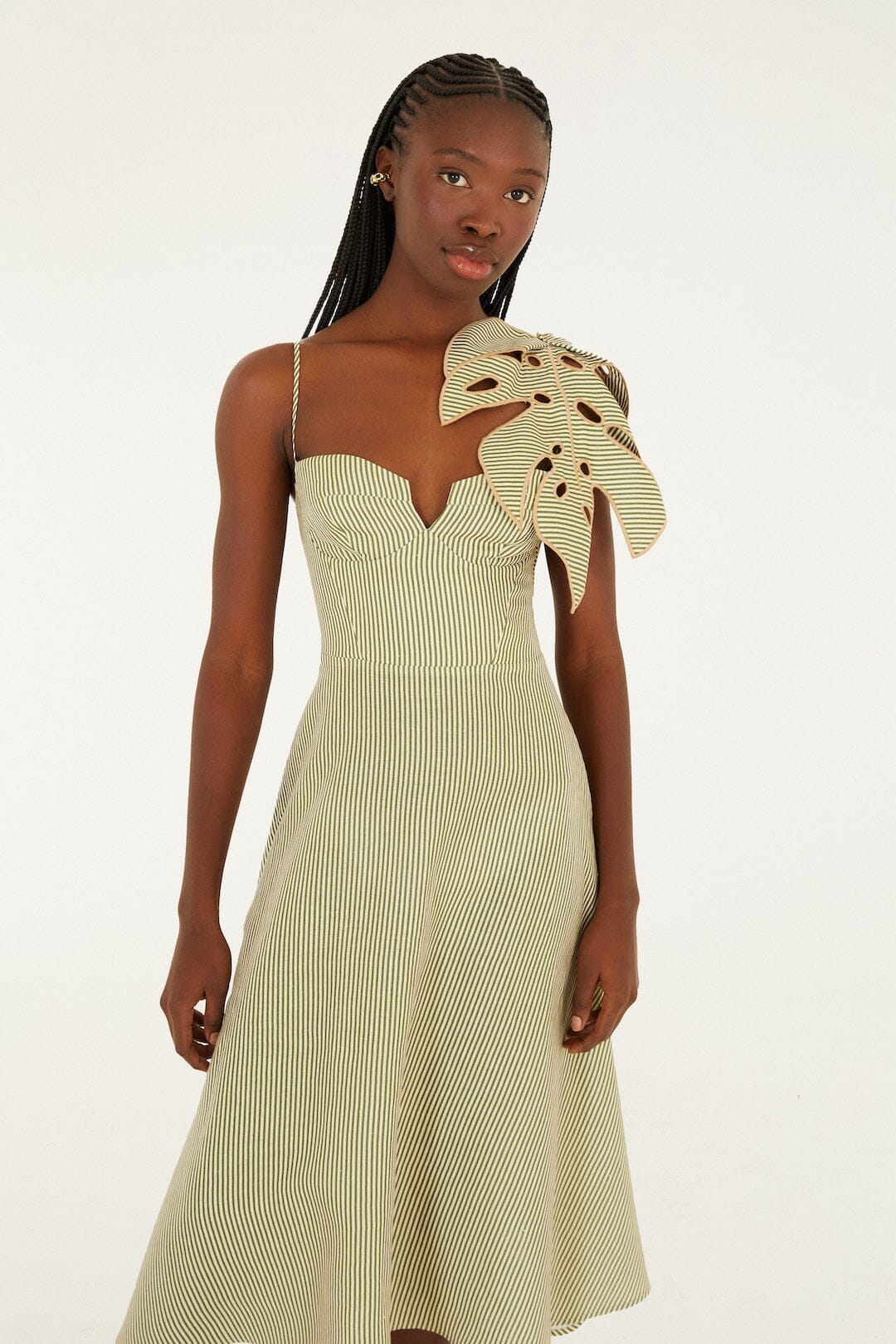 Green Striped 3d Monstera Leaf Euroflax™ Premium Linen Midi Dress