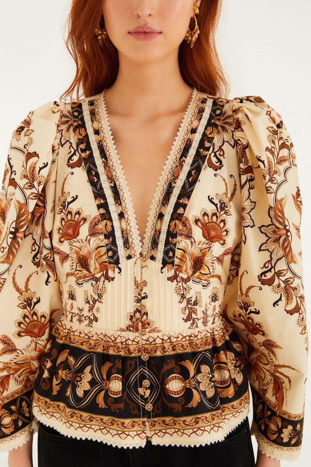 Sand Majestic Garden Lace Puff Sleeve Organic Cotton Blouse
