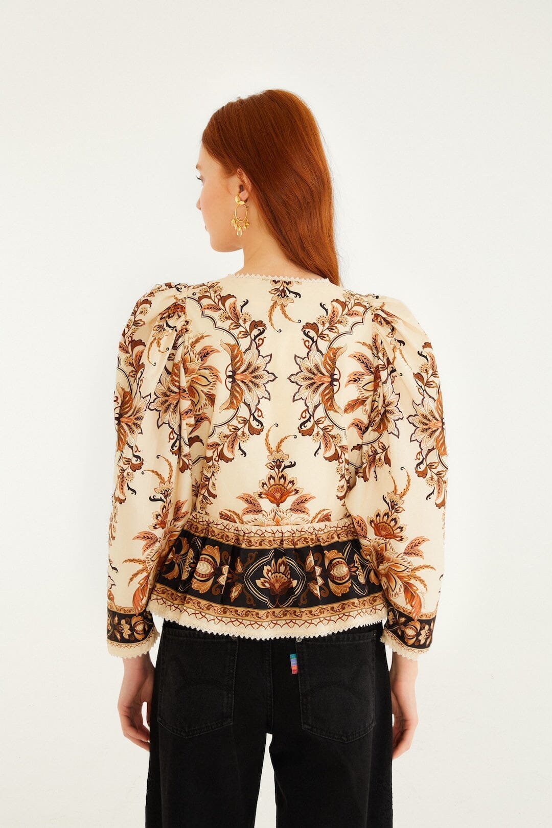 Sand Majestic Garden Lace Puff Sleeve Organic Cotton Blouse
