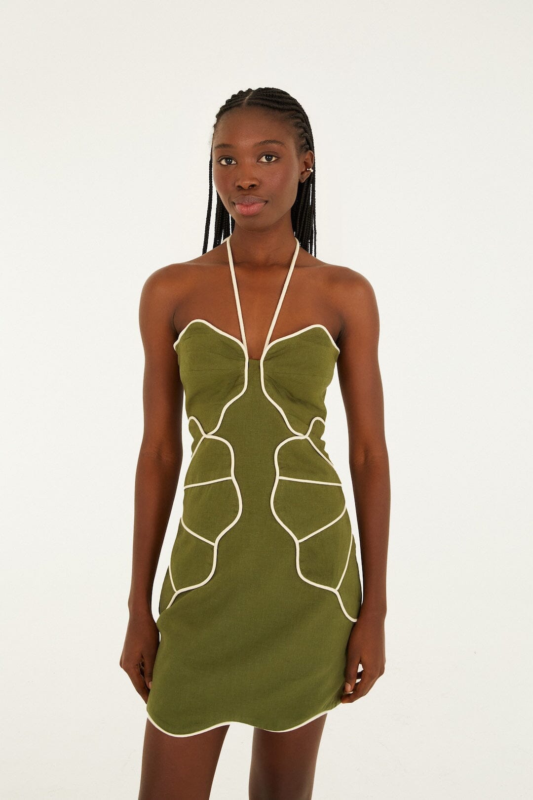 Green Wavy Trim Halter Neck Lenzing Ecovero Euroflax Mini Dress | FARM Rio Green Wavy Trim Halter Neck Lenzing Ecovero Euroflax Mini Dress | FARM Rio