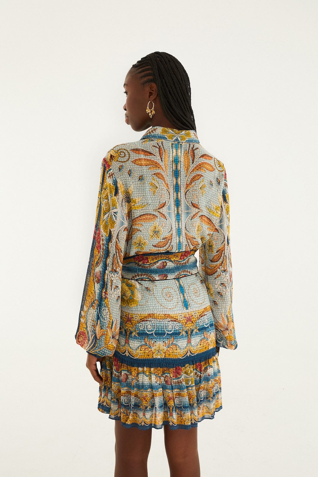 Blue Mosaic Garden Belted Mini Dress