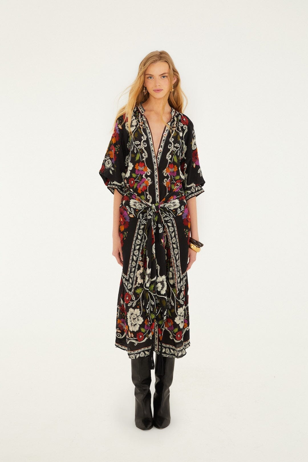 floral belted midi dress Black Rococo Flowers Belted Midi Dress
