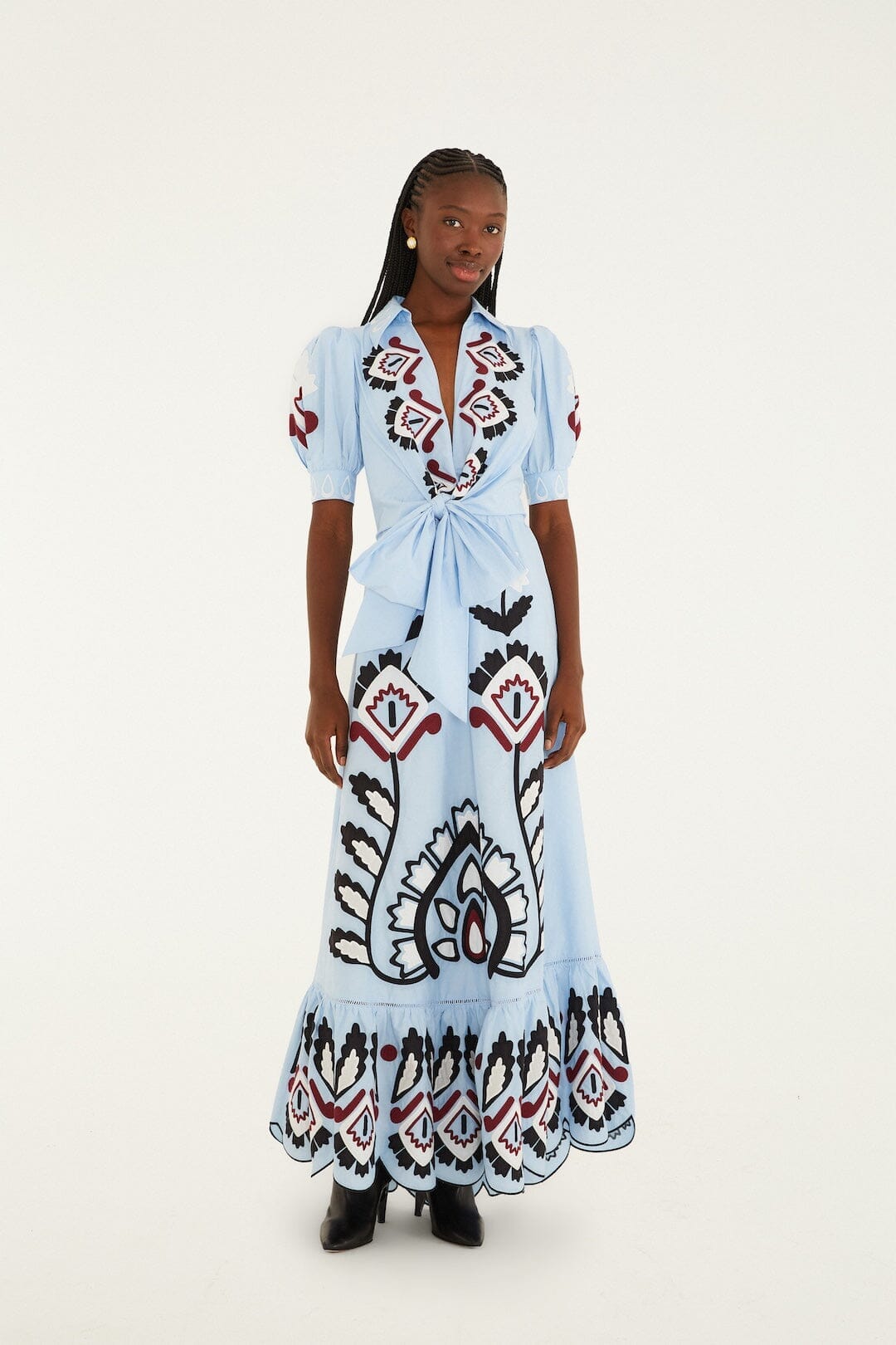 Blue Artisanal Embroidered Lace Front Bow Maxi Dress