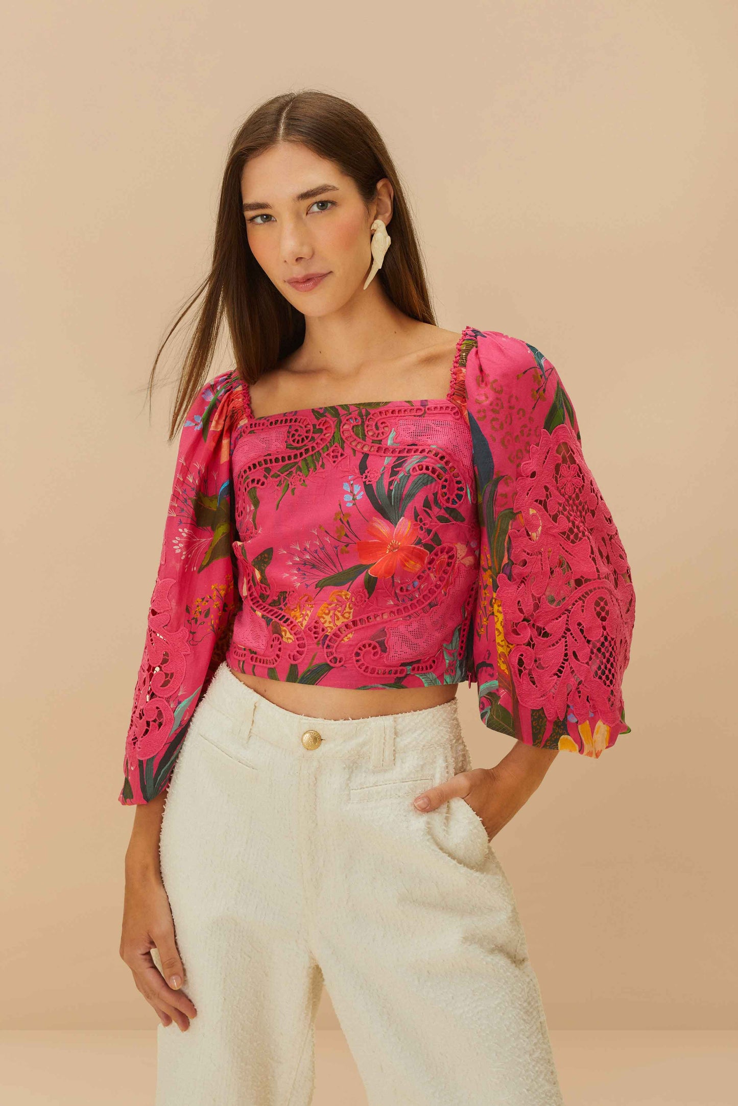 Pink Leopard Flowers Lace Blouse