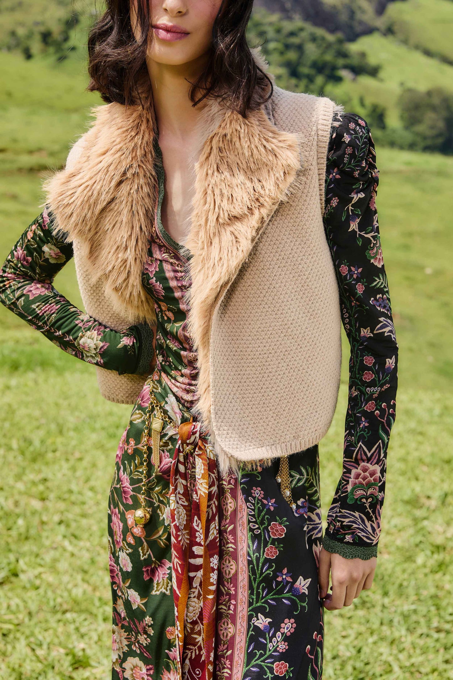 Beige Fur Sleeveless Knit Vest