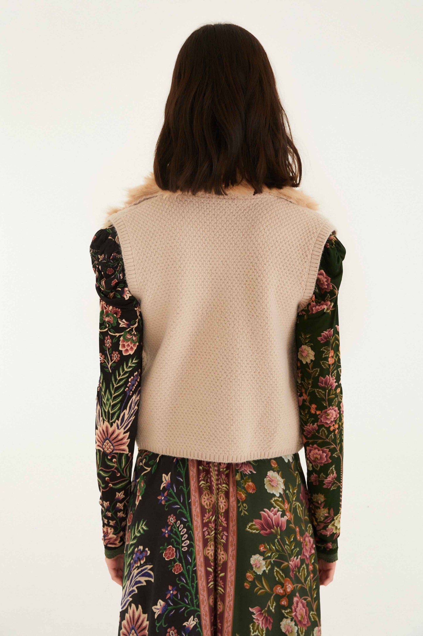 Beige Fur Sleeveless Knit Vest