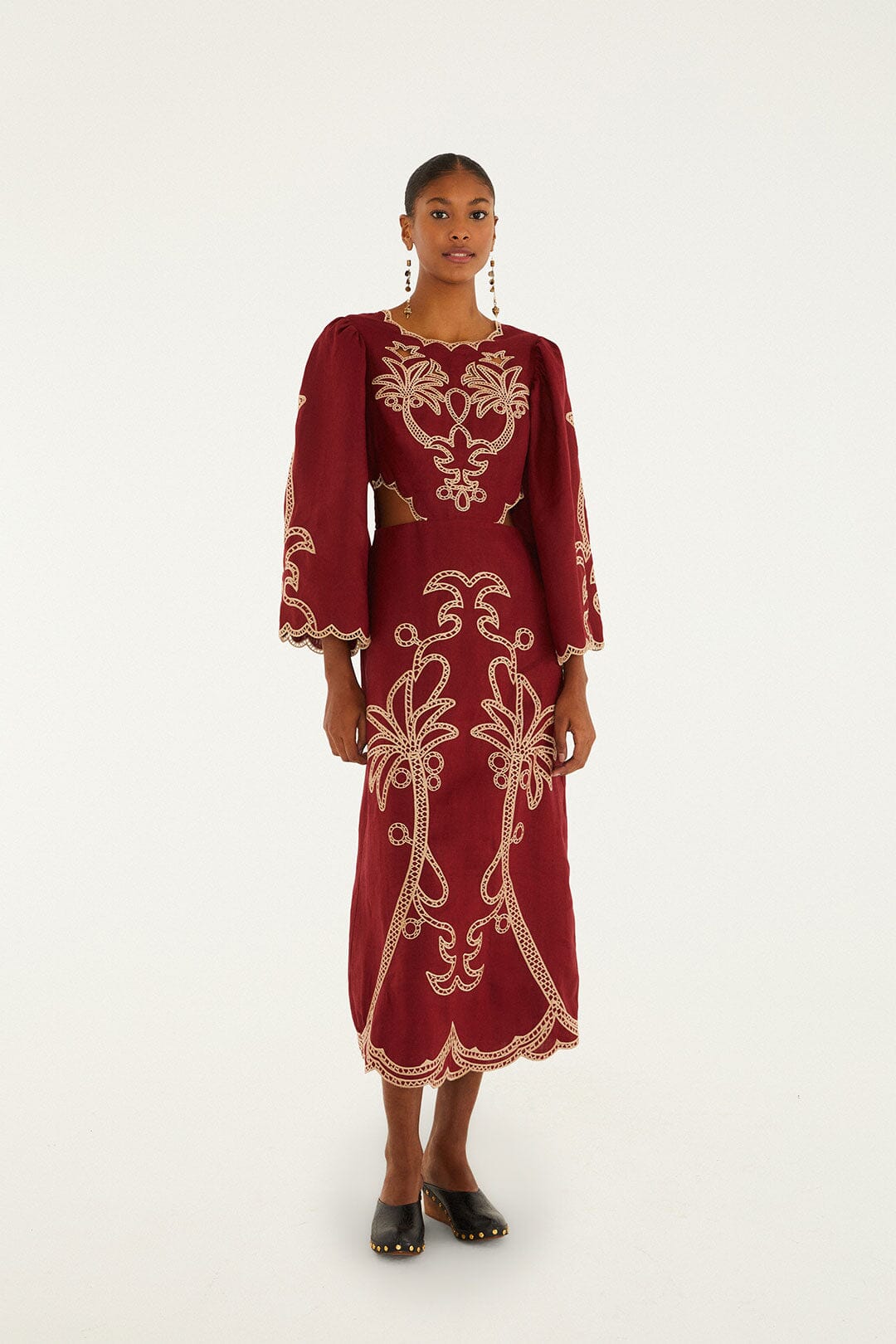 Red Artisanal Cut-Out Embroidered Euroflax™ Premium Linen Maxi Dress