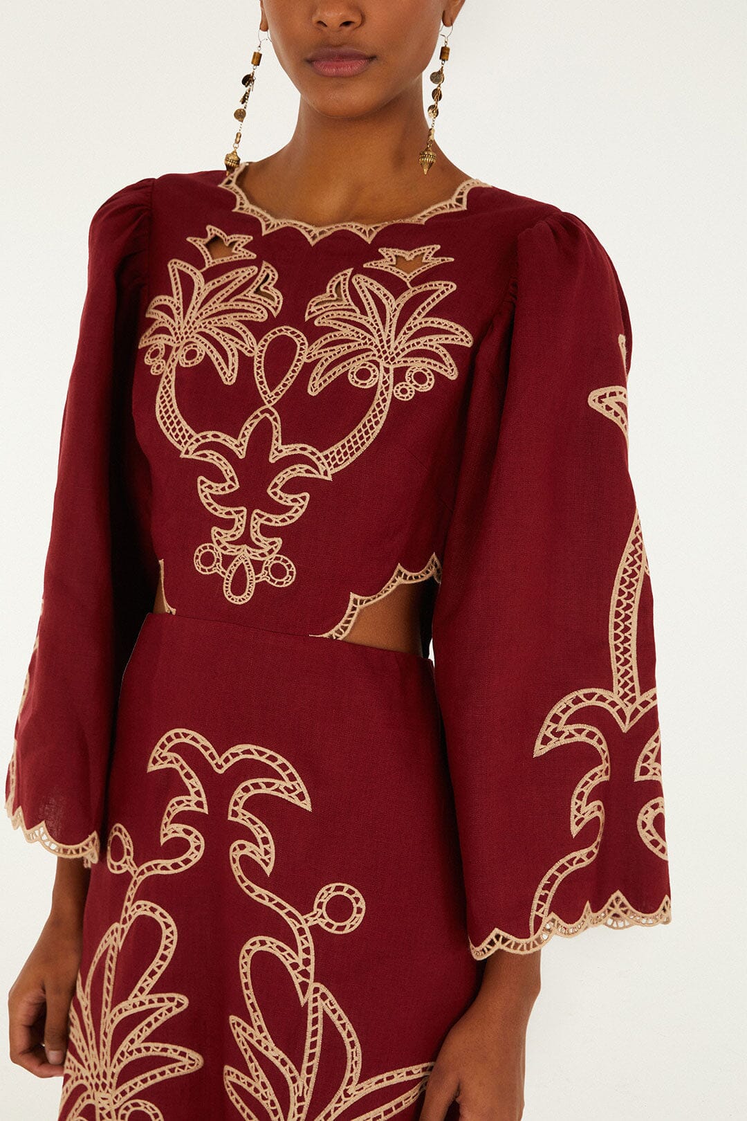 Red Artisanal Cut-Out Embroidered Euroflax™ Premium Linen Maxi Dress